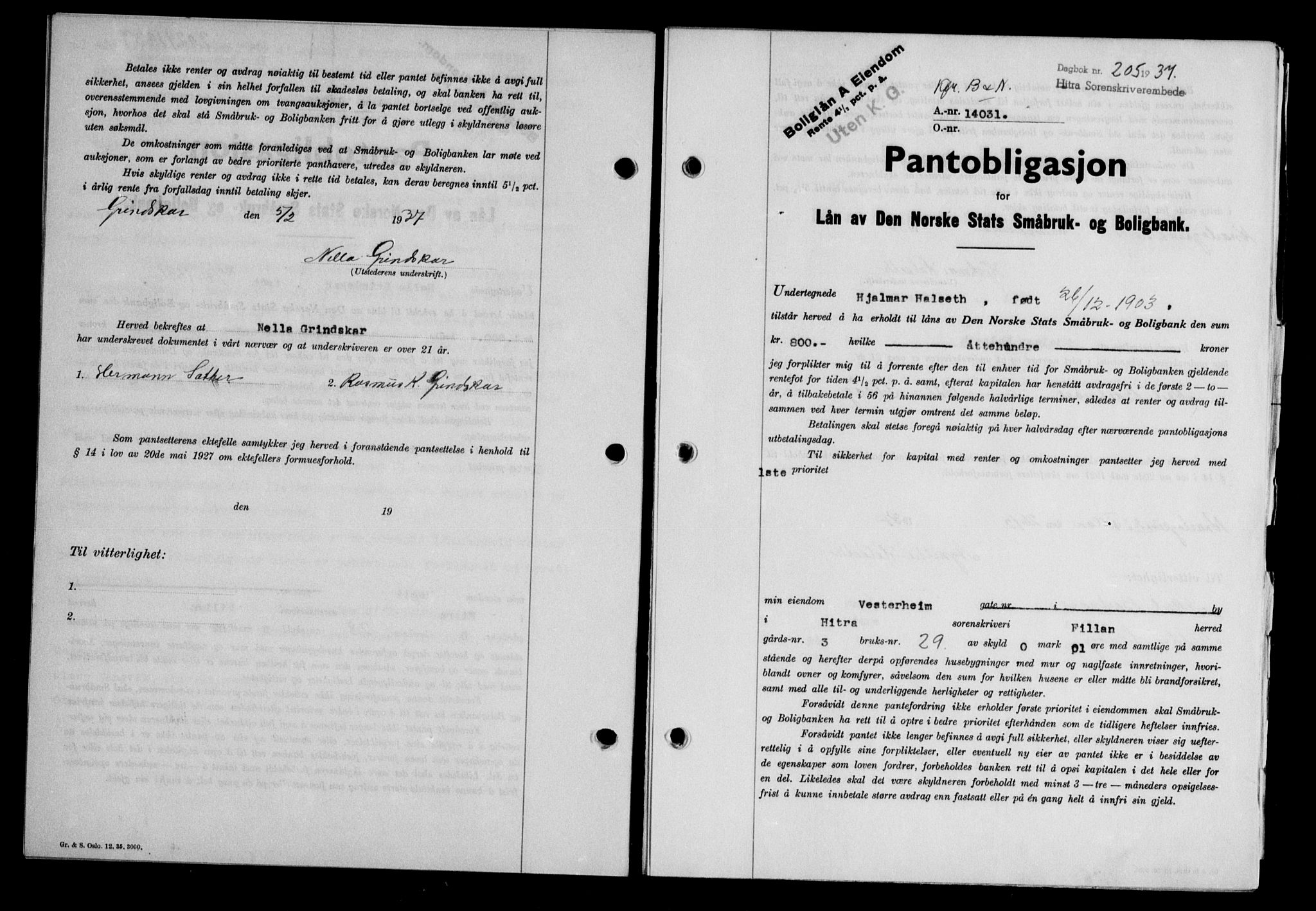 Hitra sorenskriveri, AV/SAT-A-0018/2/2C/2Ca/L0028: Mortgage book no. B-1, 1936-1939, Diary no: : 205/1937