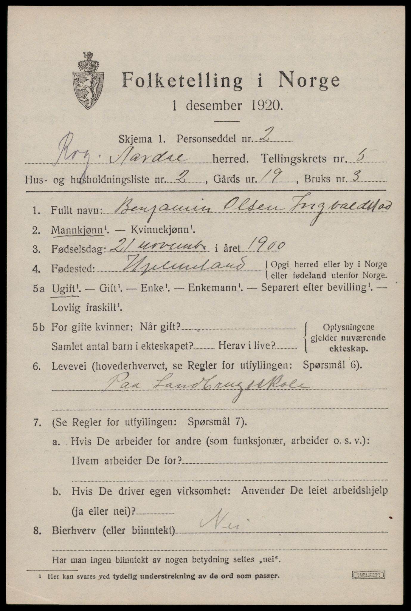 SAST, 1920 census for Årdal, 1920, p. 1480