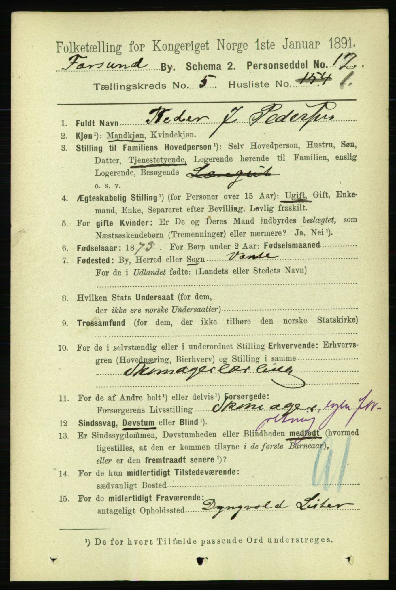 RA, 1891 census for 1003 Farsund, 1891, p. 1957