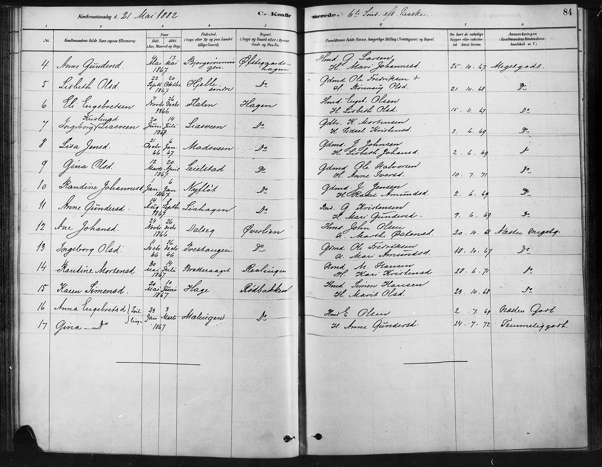 Ringebu prestekontor, SAH/PREST-082/H/Ha/Haa/L0009: Parish register (official) no. 9, 1878-1898, p. 84