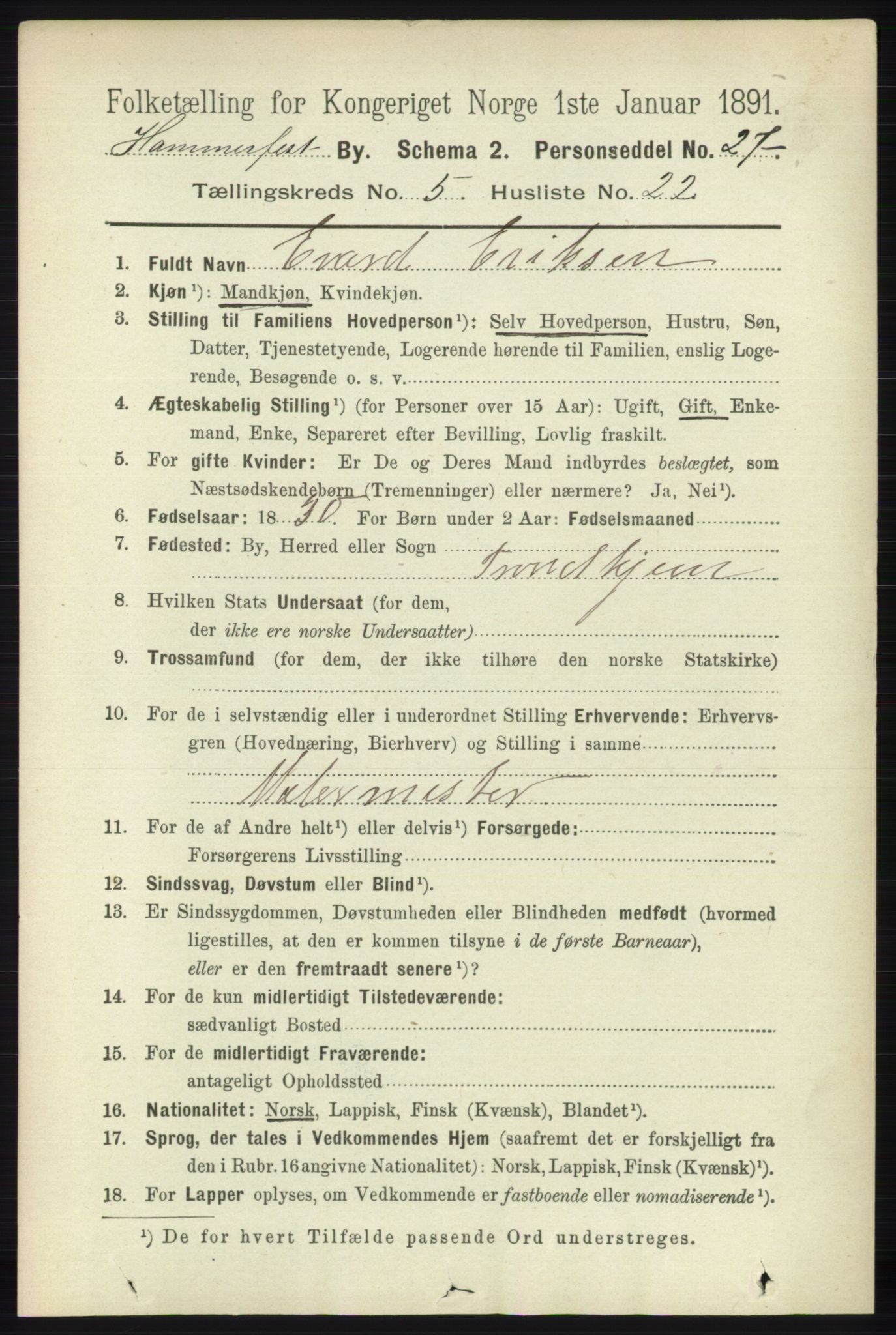 RA, 1891 census for 2001 Hammerfest, 1891, p. 1628