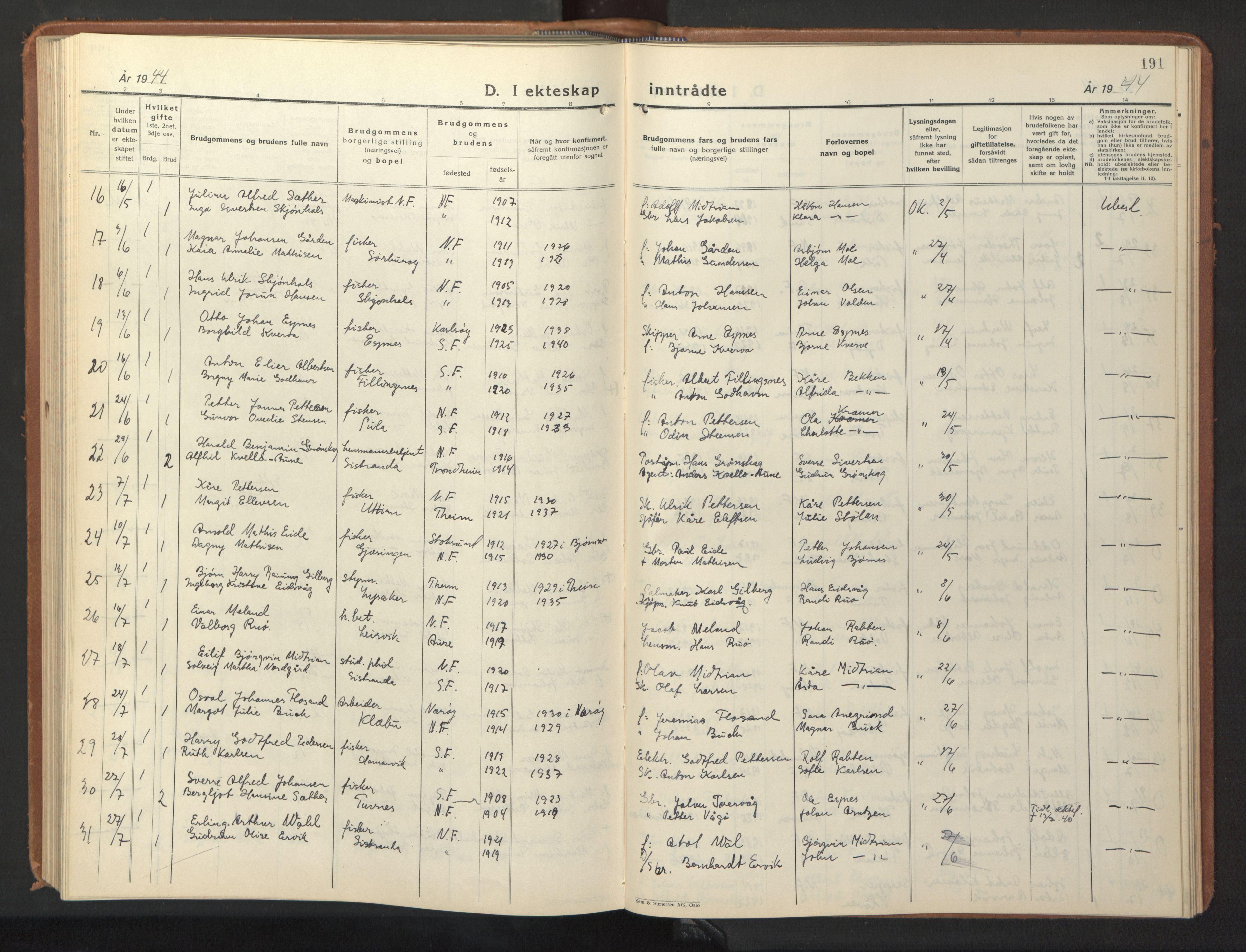 Ministerialprotokoller, klokkerbøker og fødselsregistre - Sør-Trøndelag, SAT/A-1456/640/L0590: Parish register (copy) no. 640C07, 1935-1948, p. 191