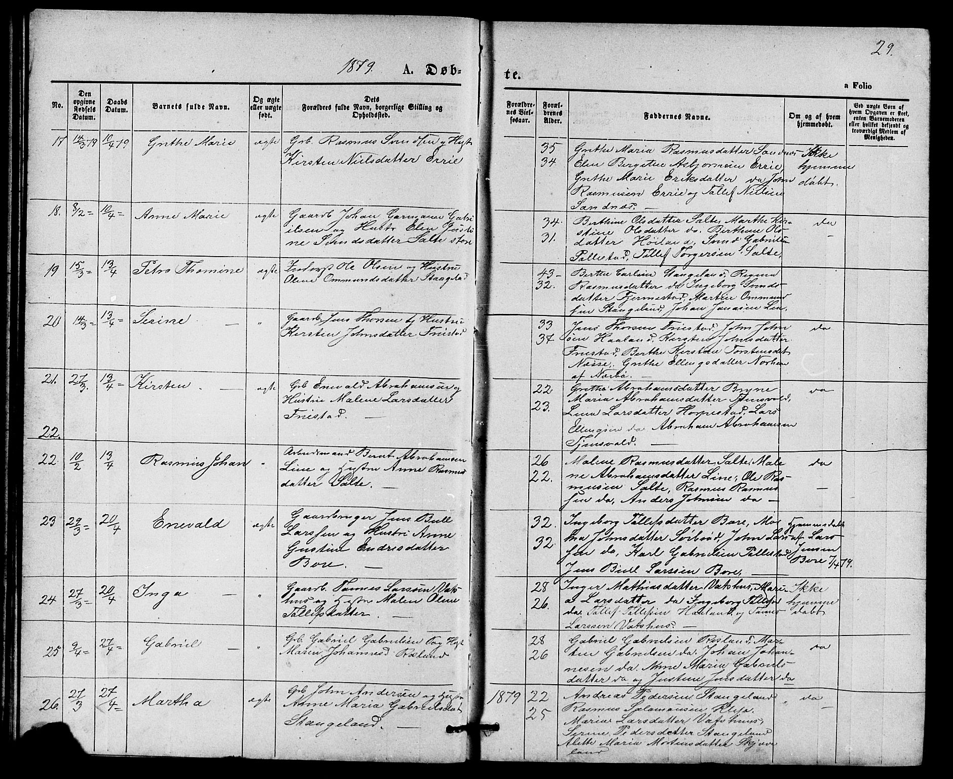 Klepp sokneprestkontor, AV/SAST-A-101803/001/3/30BB/L0003: Parish register (copy) no. B 3, 1876-1888, p. 29