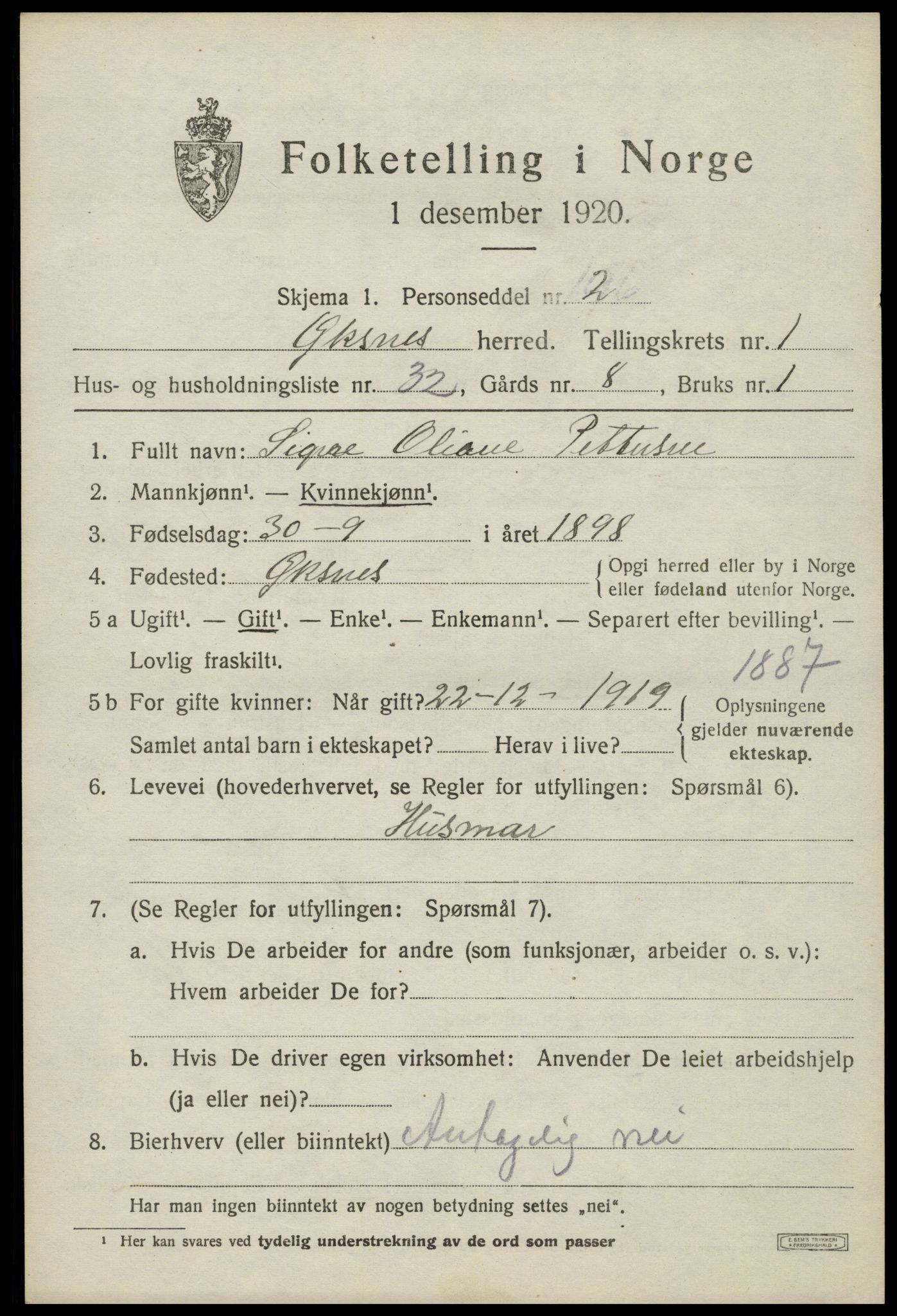 SAT, 1920 census for Øksnes, 1920, p. 1136