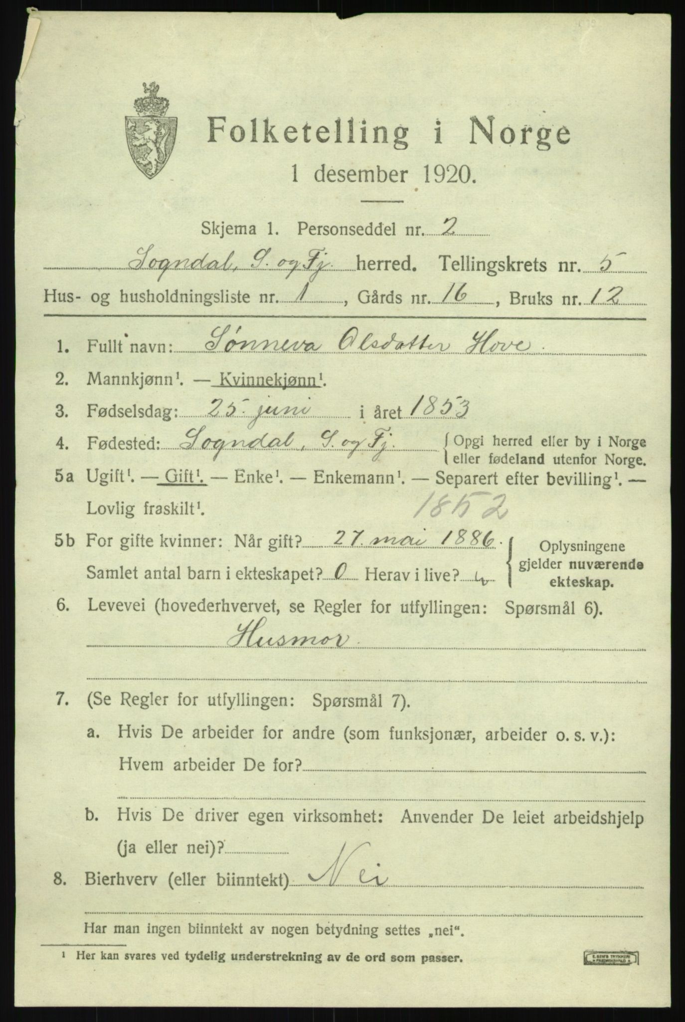 SAB, 1920 census for Sogndal, 1920, p. 2645