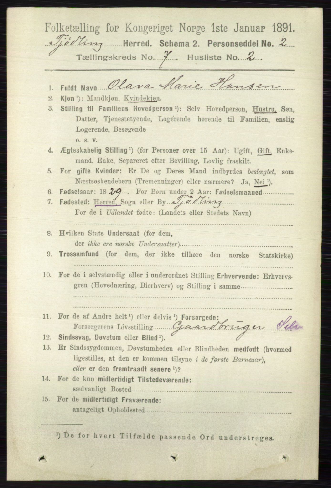 RA, 1891 census for 0725 Tjølling, 1891, p. 3675