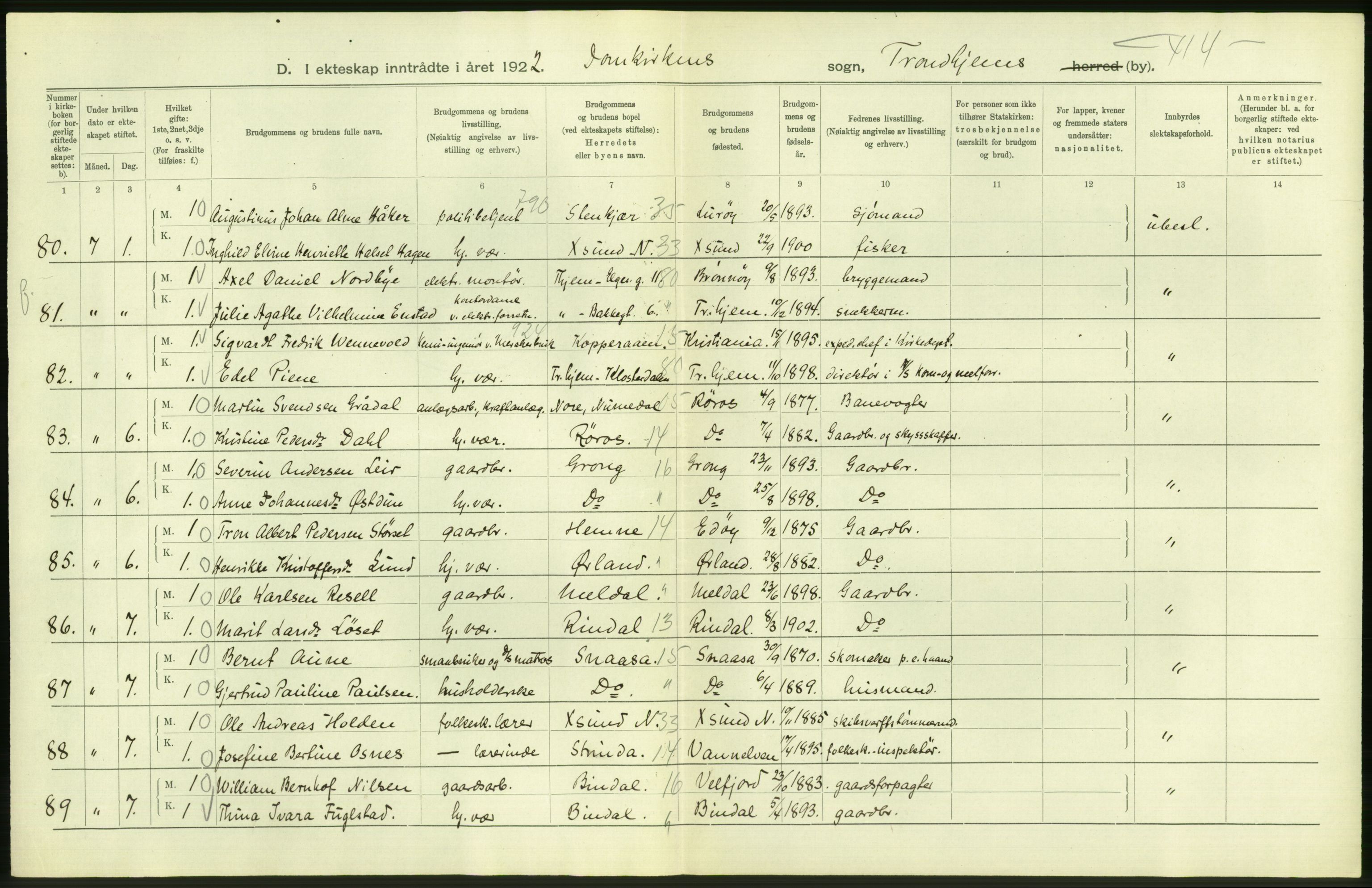 Statistisk sentralbyrå, Sosiodemografiske emner, Befolkning, AV/RA-S-2228/D/Df/Dfc/Dfcb/L0040: Trondheim: Gifte, døde, dødfødte., 1922, p. 24