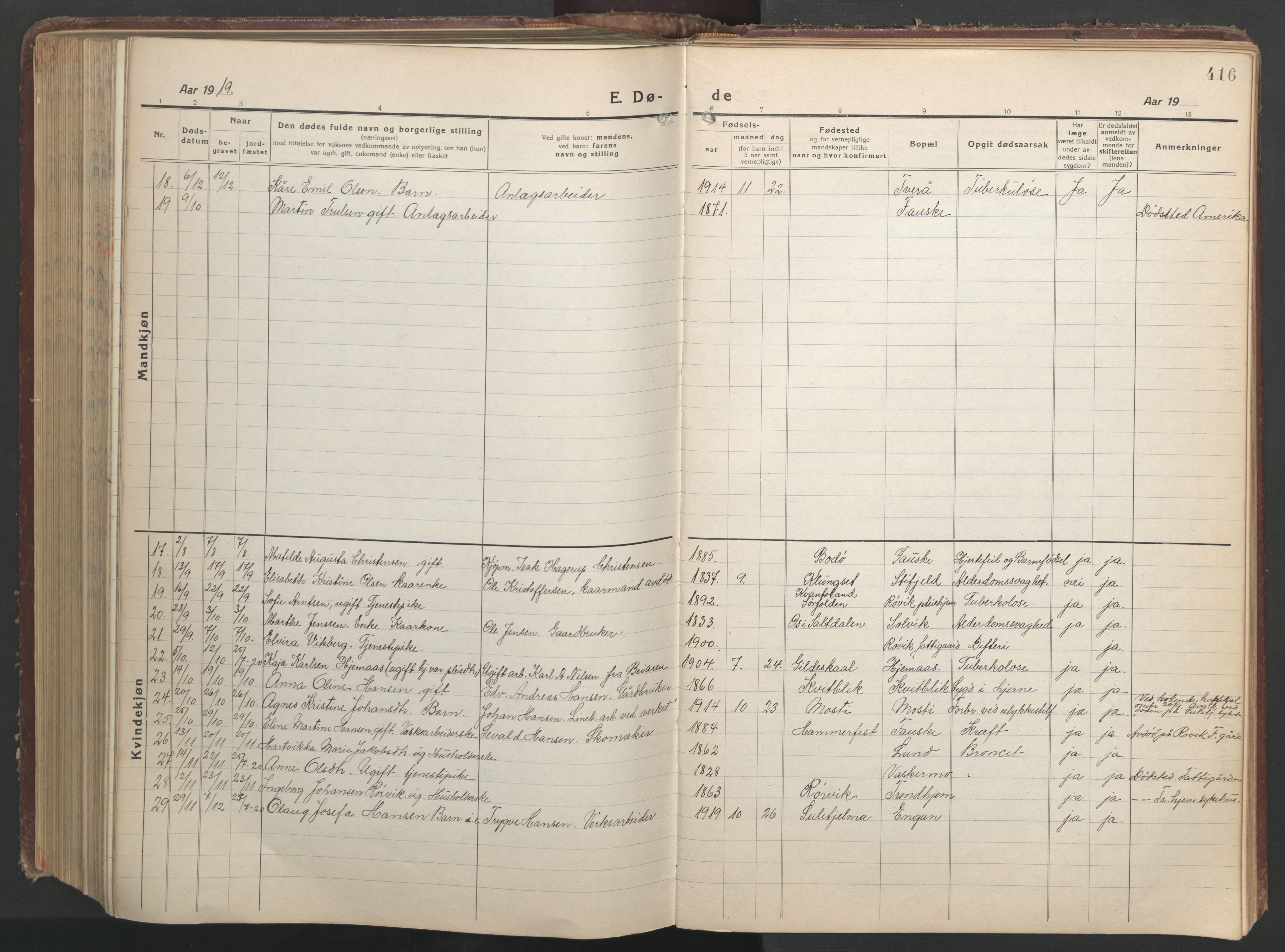 Ministerialprotokoller, klokkerbøker og fødselsregistre - Nordland, AV/SAT-A-1459/849/L0700: Parish register (copy) no. 849C01, 1919-1946, p. 416