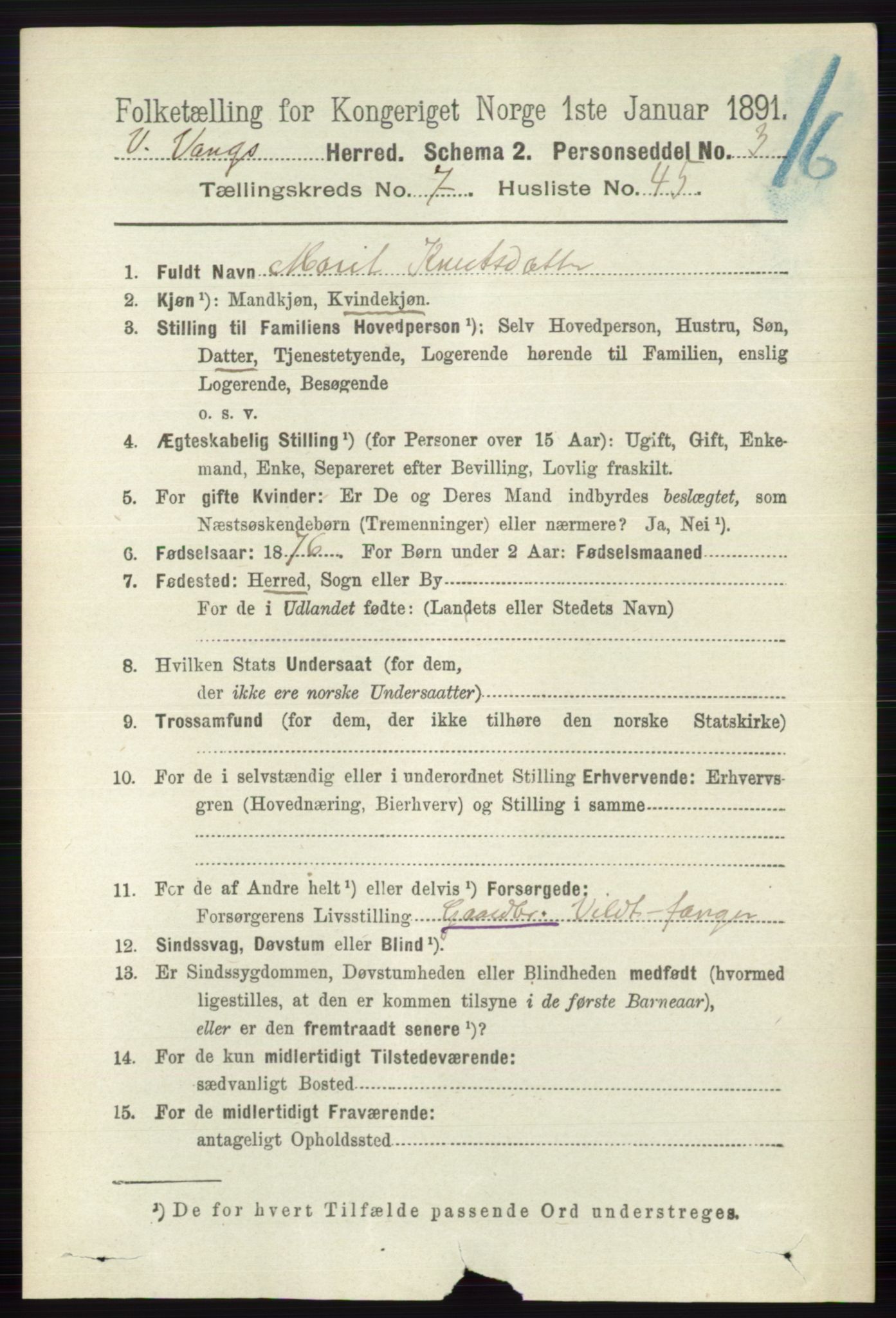 RA, 1891 census for 0545 Vang, 1891, p. 1702
