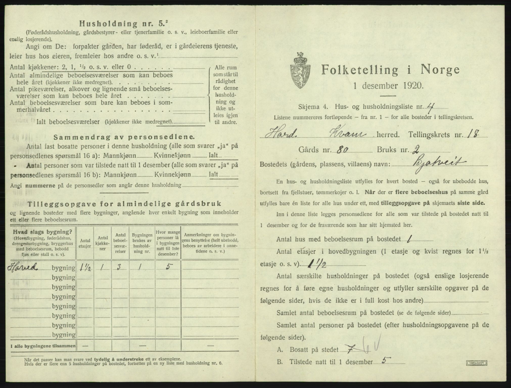 SAB, 1920 census for Kvam, 1920, p. 1411