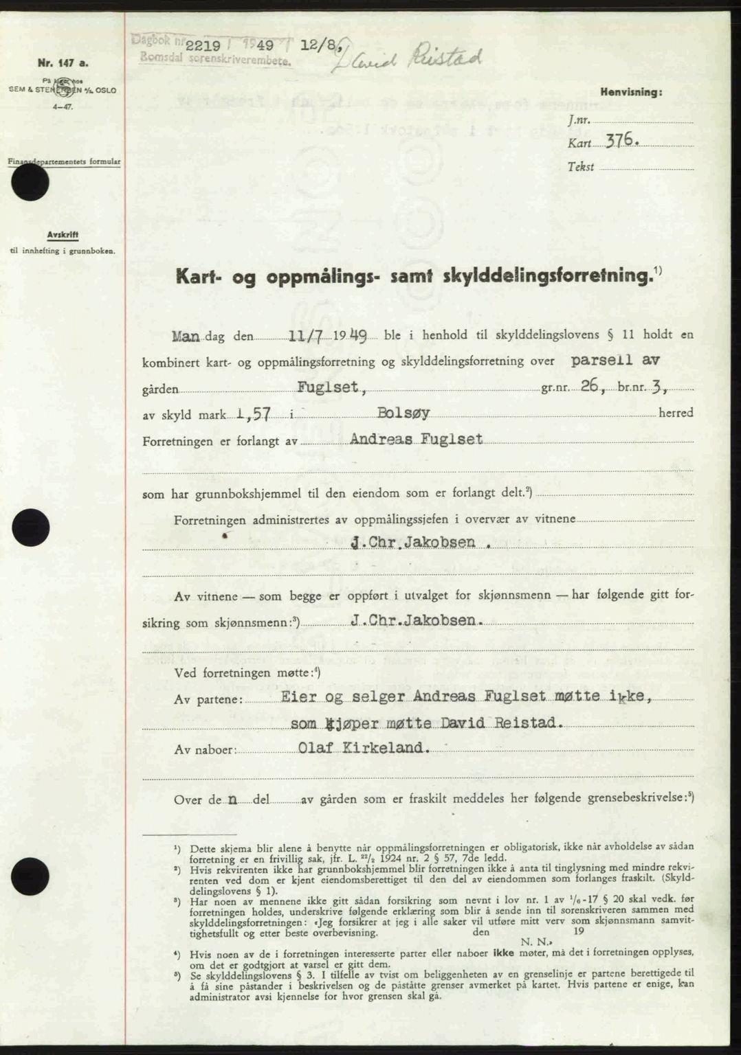 Romsdal sorenskriveri, AV/SAT-A-4149/1/2/2C: Mortgage book no. A30, 1949-1949, Diary no: : 2219/1949