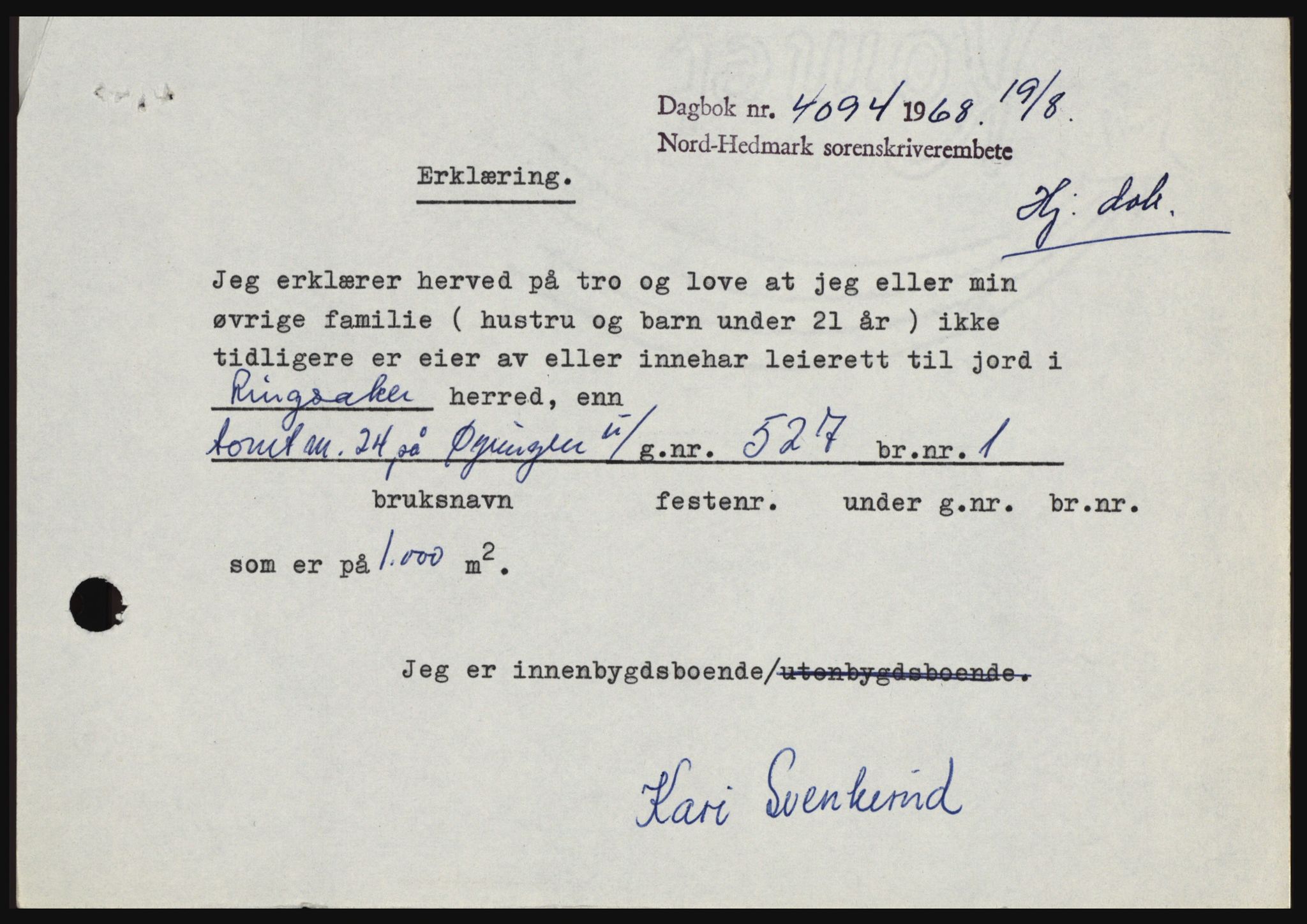 Nord-Hedmark sorenskriveri, SAH/TING-012/H/Hc/L0028: Mortgage book no. 28, 1968-1968, Diary no: : 4094/1968