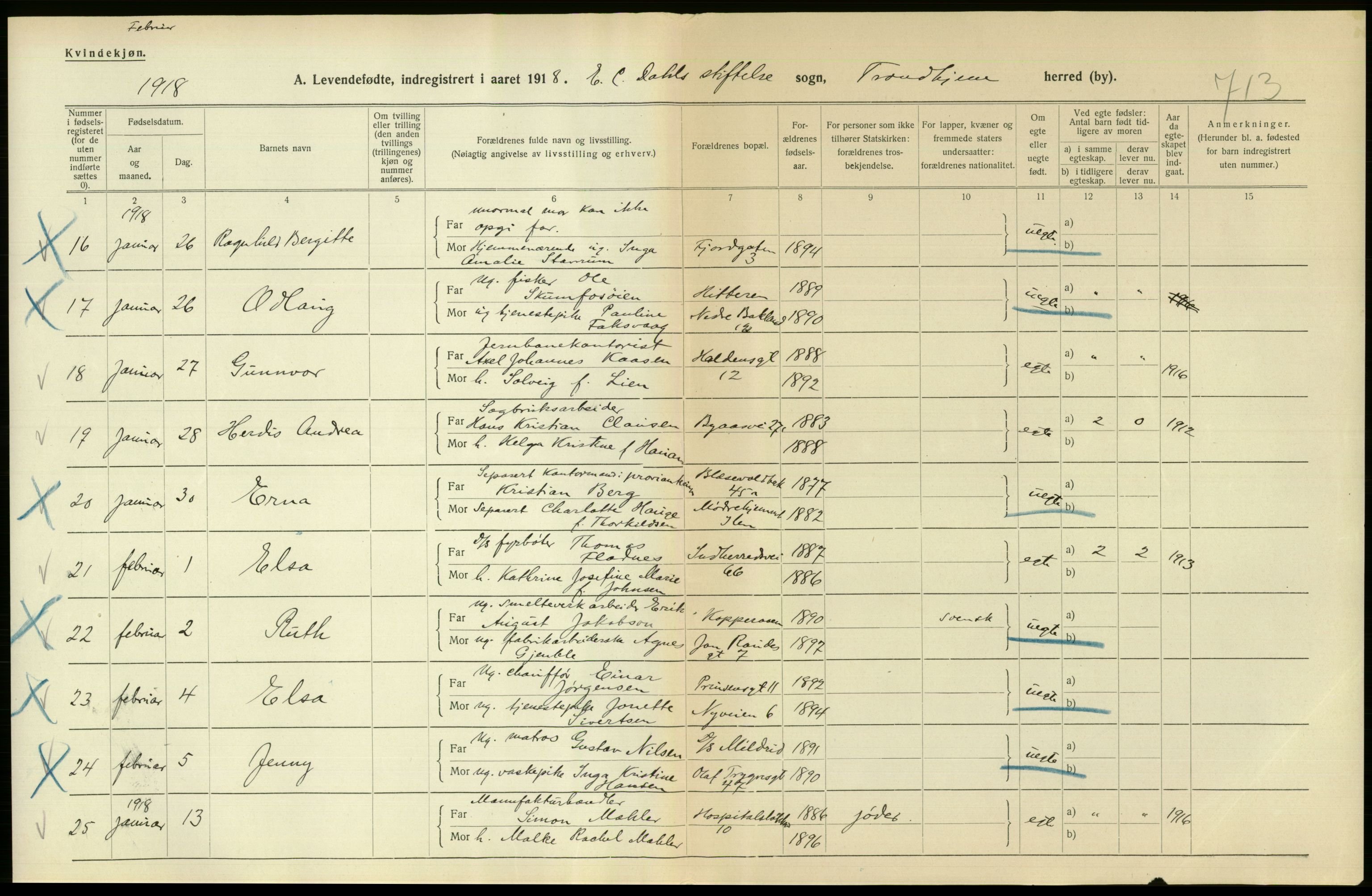 Statistisk sentralbyrå, Sosiodemografiske emner, Befolkning, RA/S-2228/D/Df/Dfb/Dfbh/L0048: Trondheim: Levendefødte menn og kvinner, gifte., 1918, p. 620