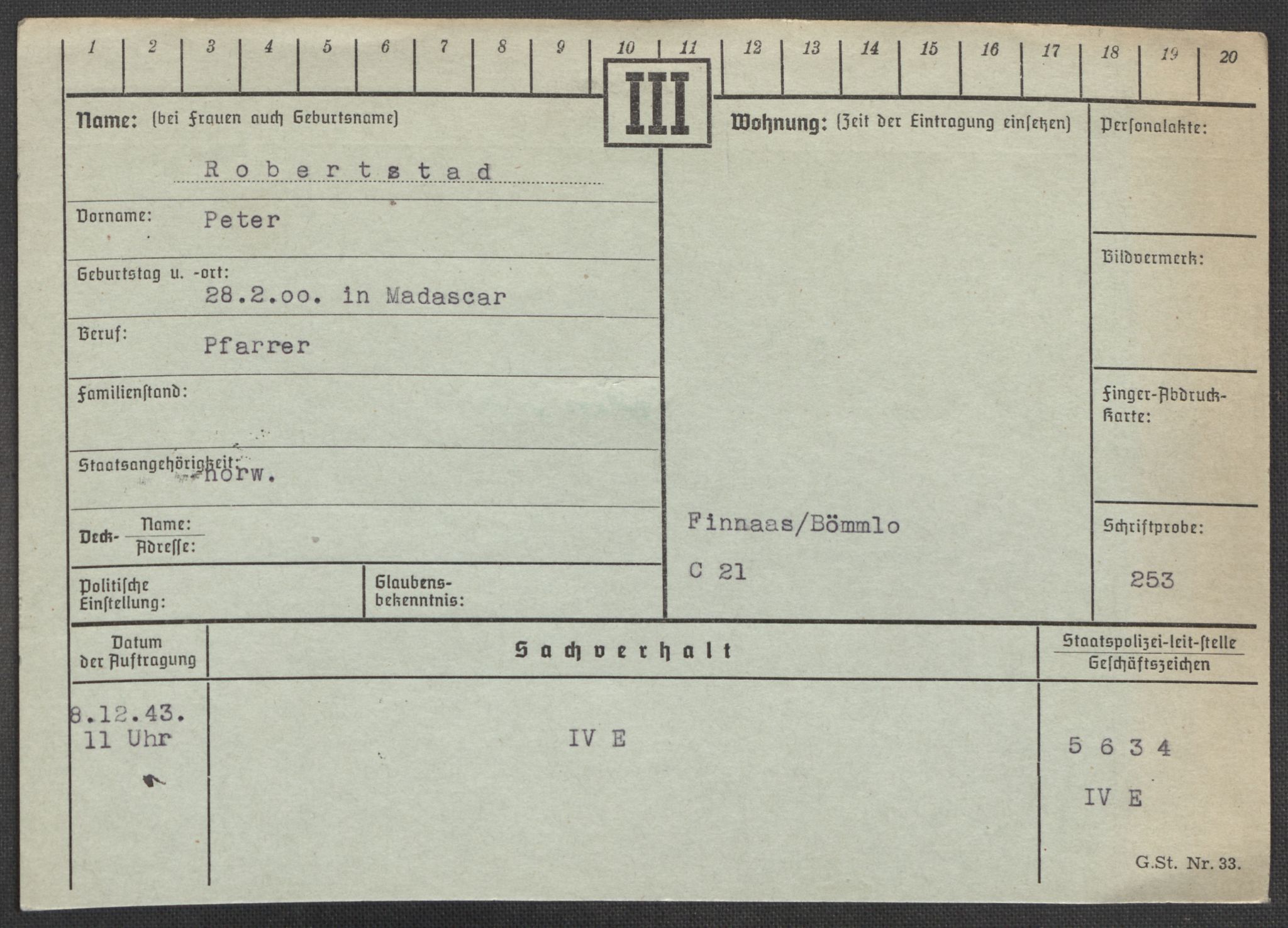 Befehlshaber der Sicherheitspolizei und des SD, RA/RAFA-5969/E/Ea/Eaa/L0008: Register over norske fanger i Møllergata 19: Oelze-Ru, 1940-1945, p. 1266