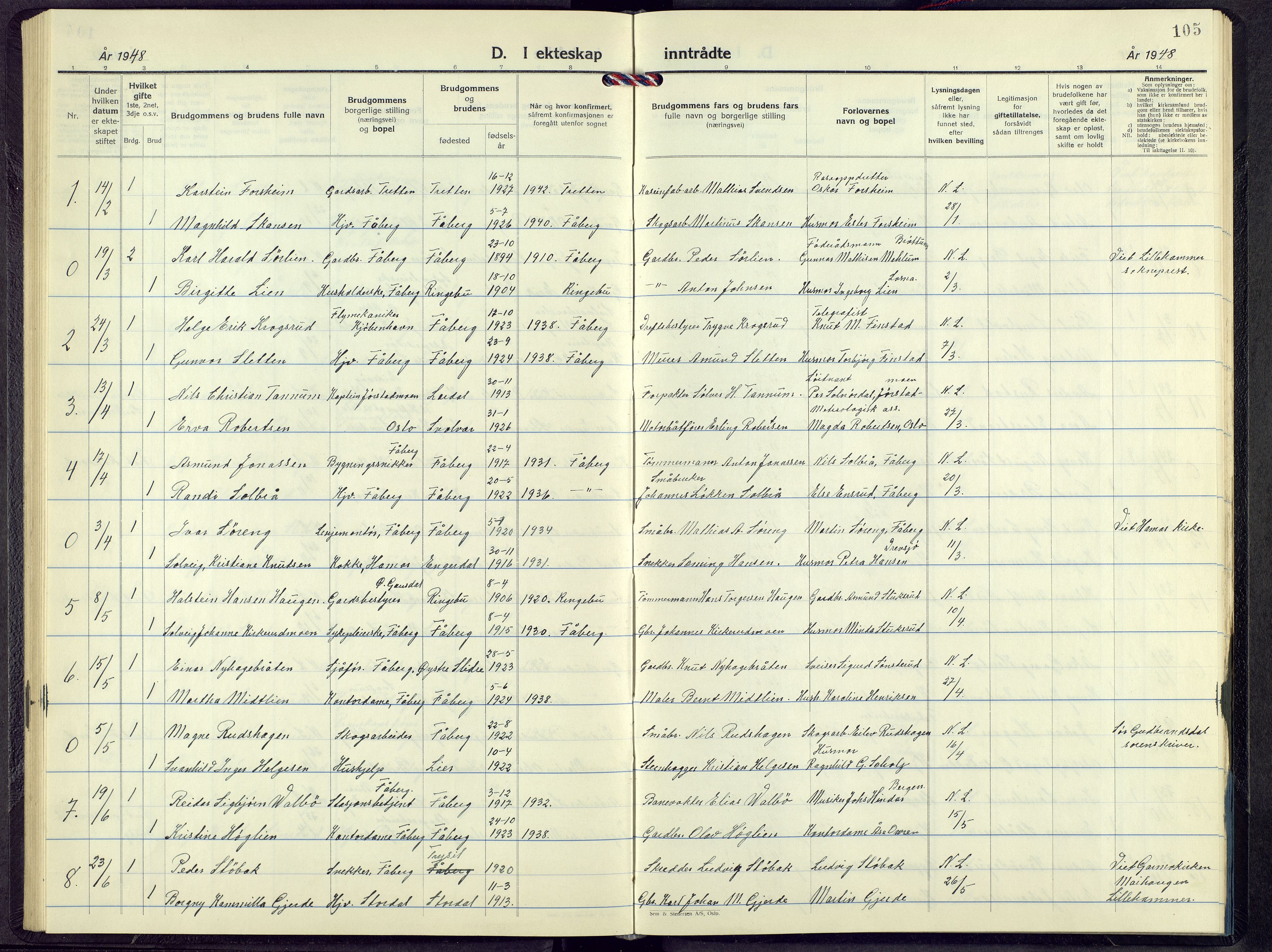 Fåberg prestekontor, SAH/PREST-086/H/Ha/Hab/L0017: Parish register (copy) no. 17, 1946-1970, p. 105