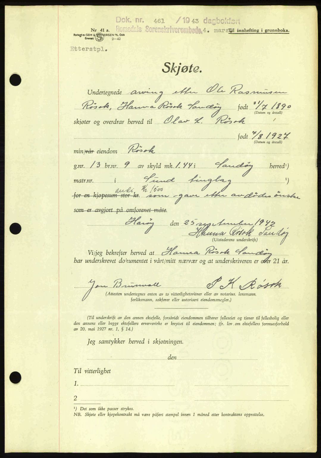 Romsdal sorenskriveri, AV/SAT-A-4149/1/2/2C: Mortgage book no. A14, 1943-1943, Diary no: : 461/1943