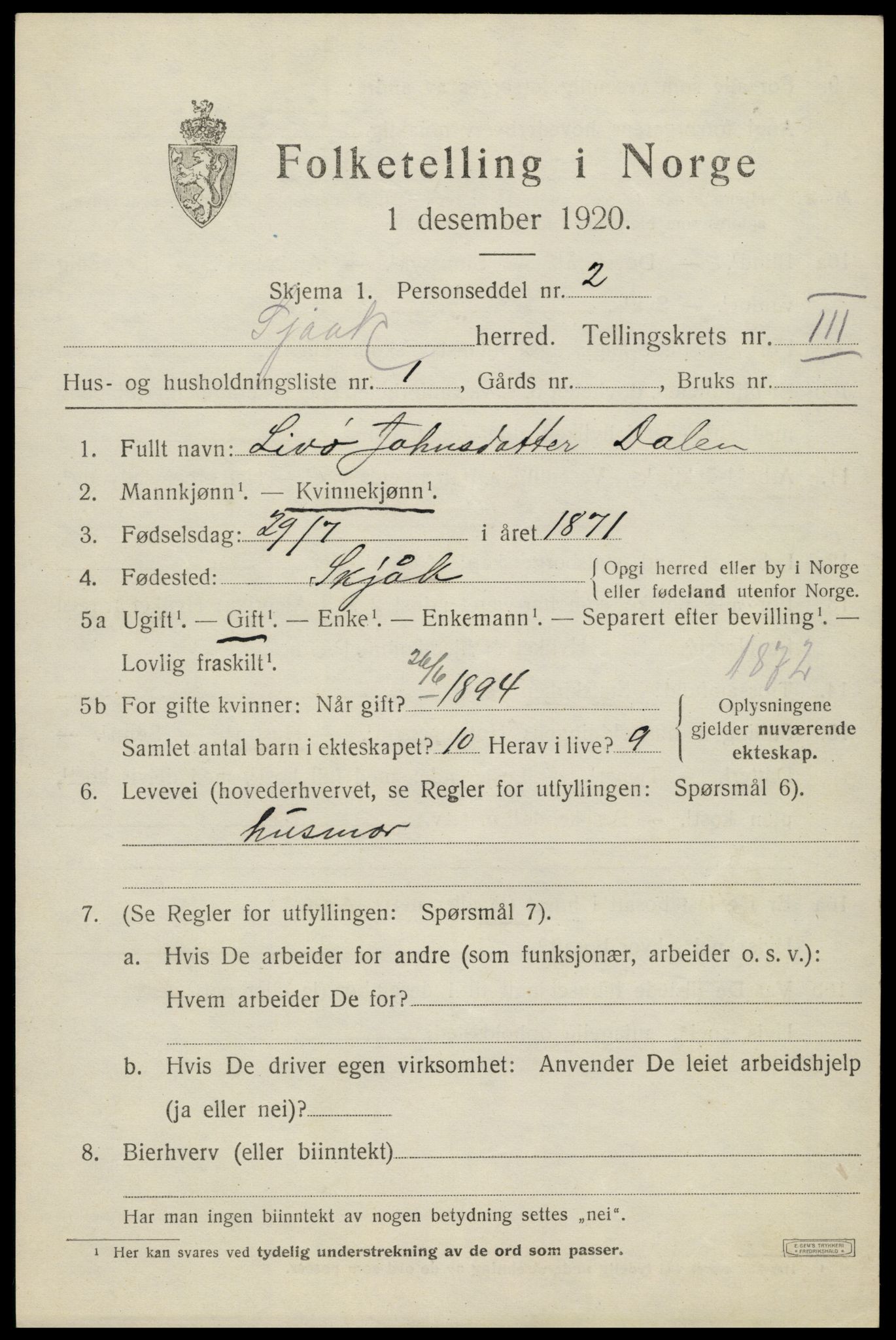 SAH, 1920 census for Skjåk, 1920, p. 1562