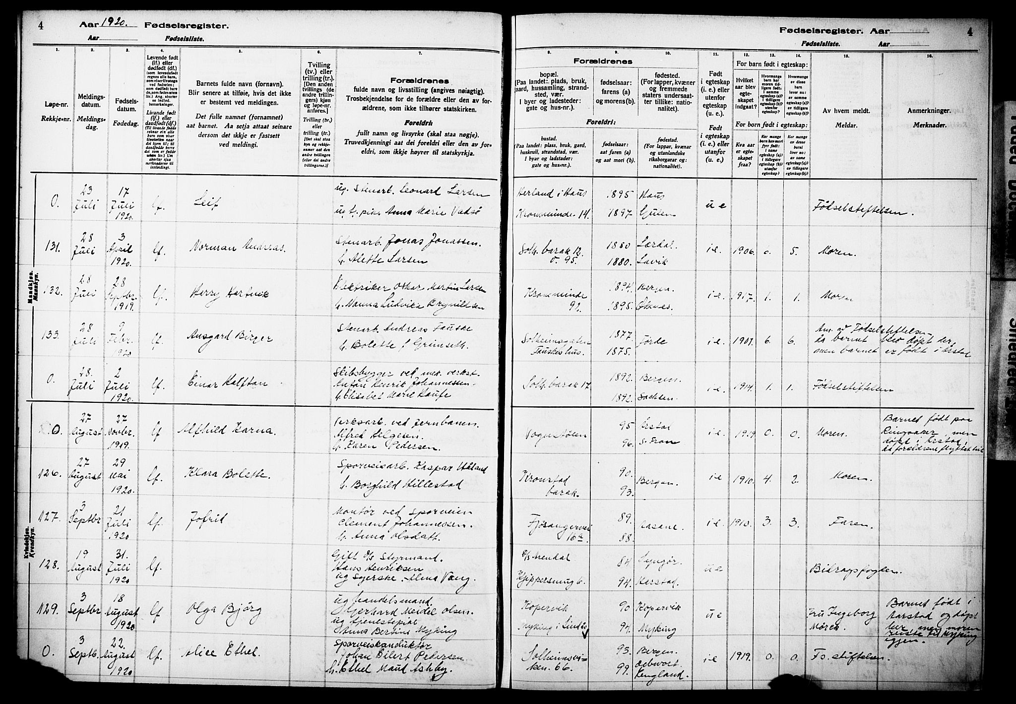 Årstad Sokneprestembete, AV/SAB-A-79301/I/Id/L0A02: Birth register no. A 2, 1920-1924, p. 4