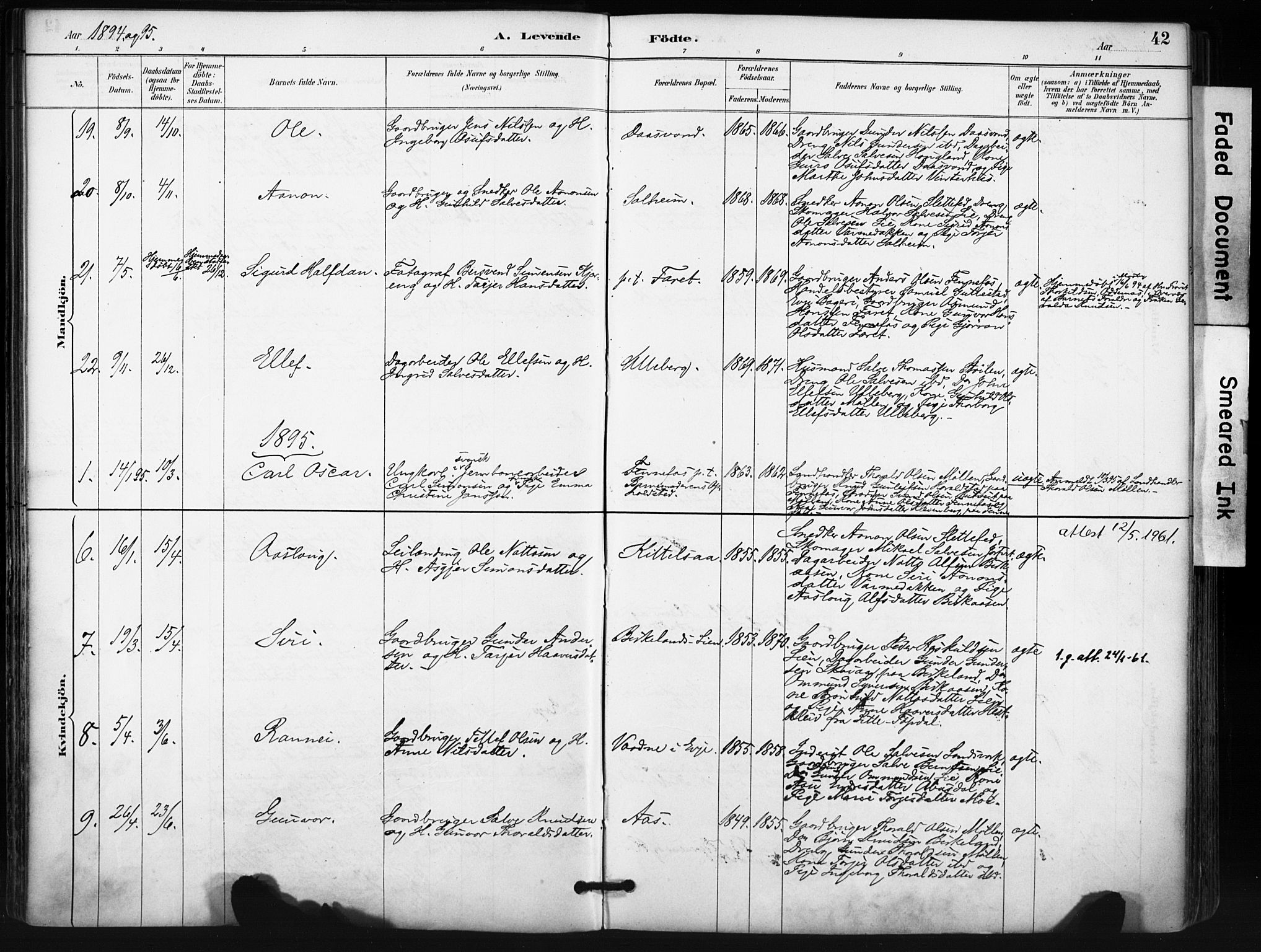 Evje sokneprestkontor, SAK/1111-0008/F/Fa/Fab/L0003: Parish register (official) no. A 3, 1884-1909, p. 42