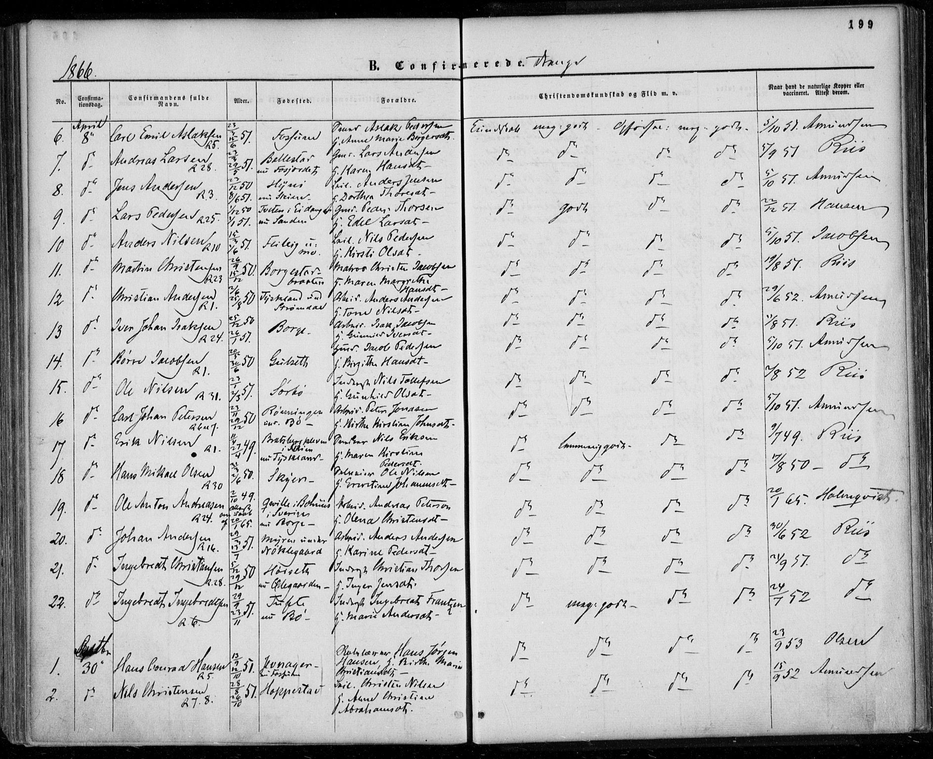 Gjerpen kirkebøker, SAKO/A-265/F/Fa/L0008a: Parish register (official) no. I 8A, 1857-1871, p. 199