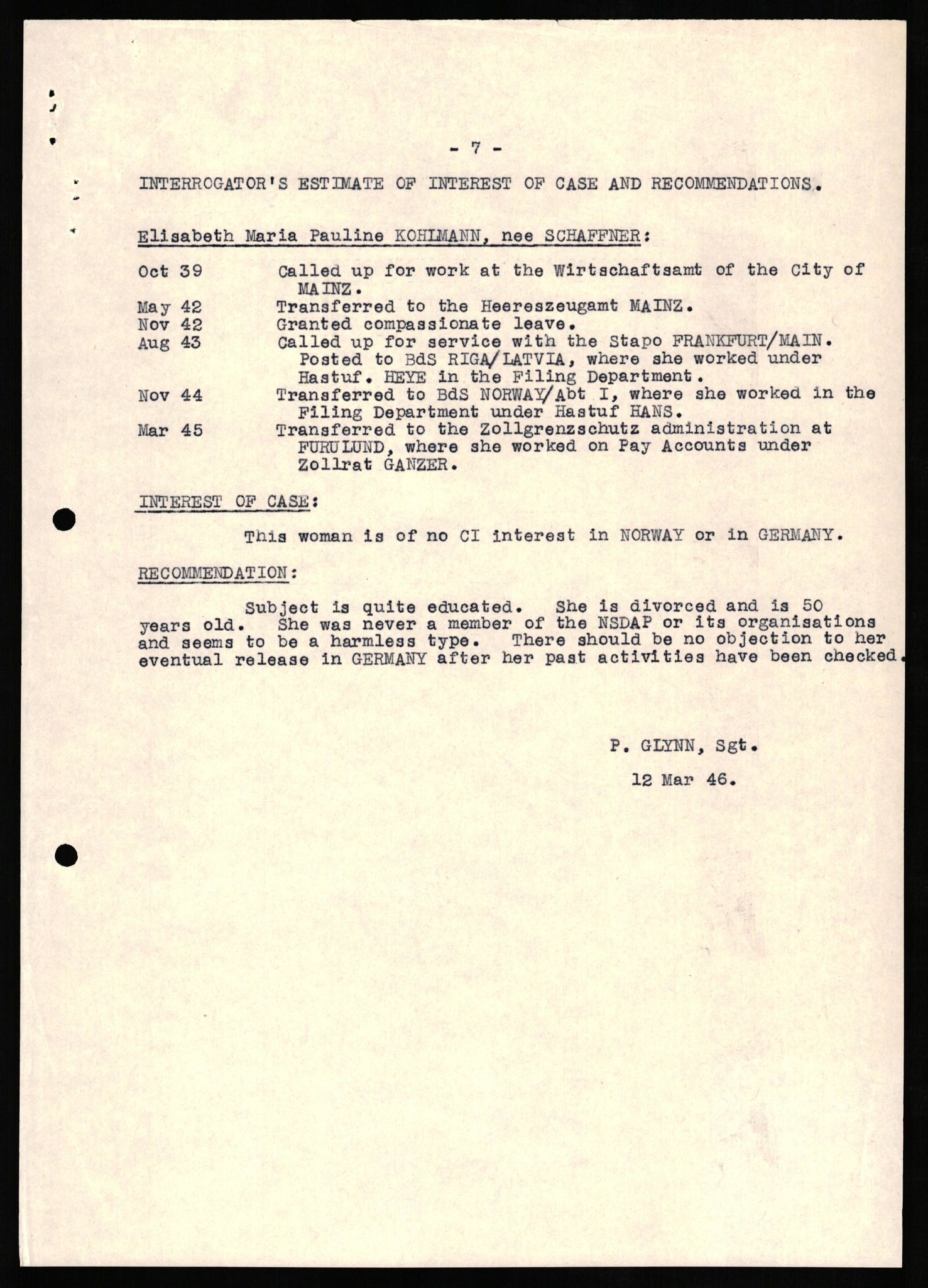 Forsvaret, Forsvarets overkommando II, RA/RAFA-3915/D/Db/L0017: CI Questionaires. Tyske okkupasjonsstyrker i Norge. Tyskere., 1945-1946, p. 445