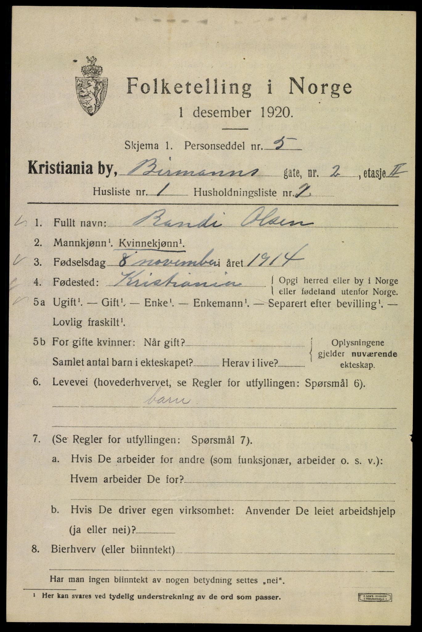 SAO, 1920 census for Kristiania, 1920, p. 155393