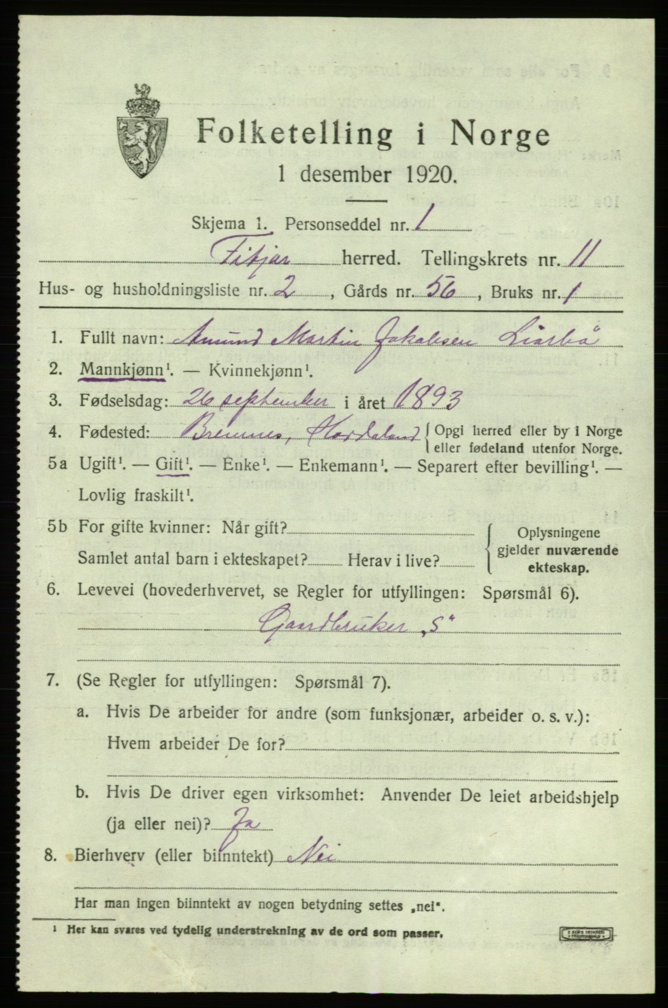 SAB, 1920 census for Fitjar, 1920, p. 4316