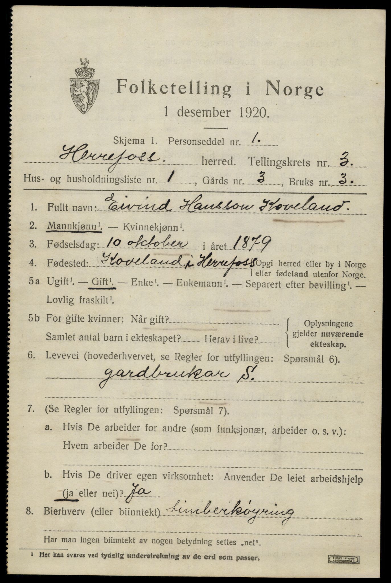 SAK, 1920 census for Herefoss, 1920, p. 572