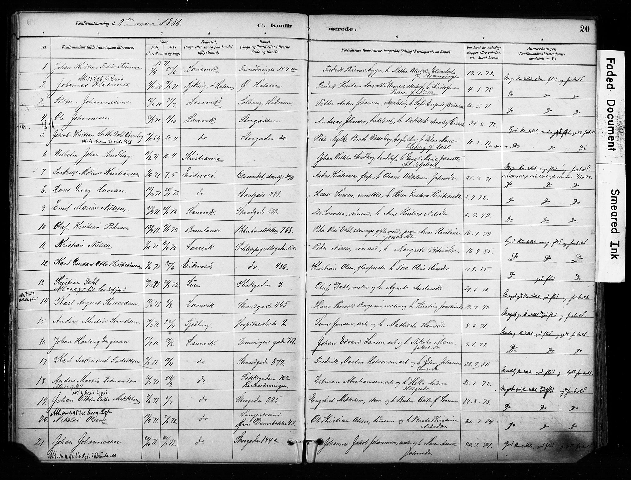 Larvik kirkebøker, AV/SAKO-A-352/F/Fa/L0008: Parish register (official) no. I 8, 1884-1902, p. 20