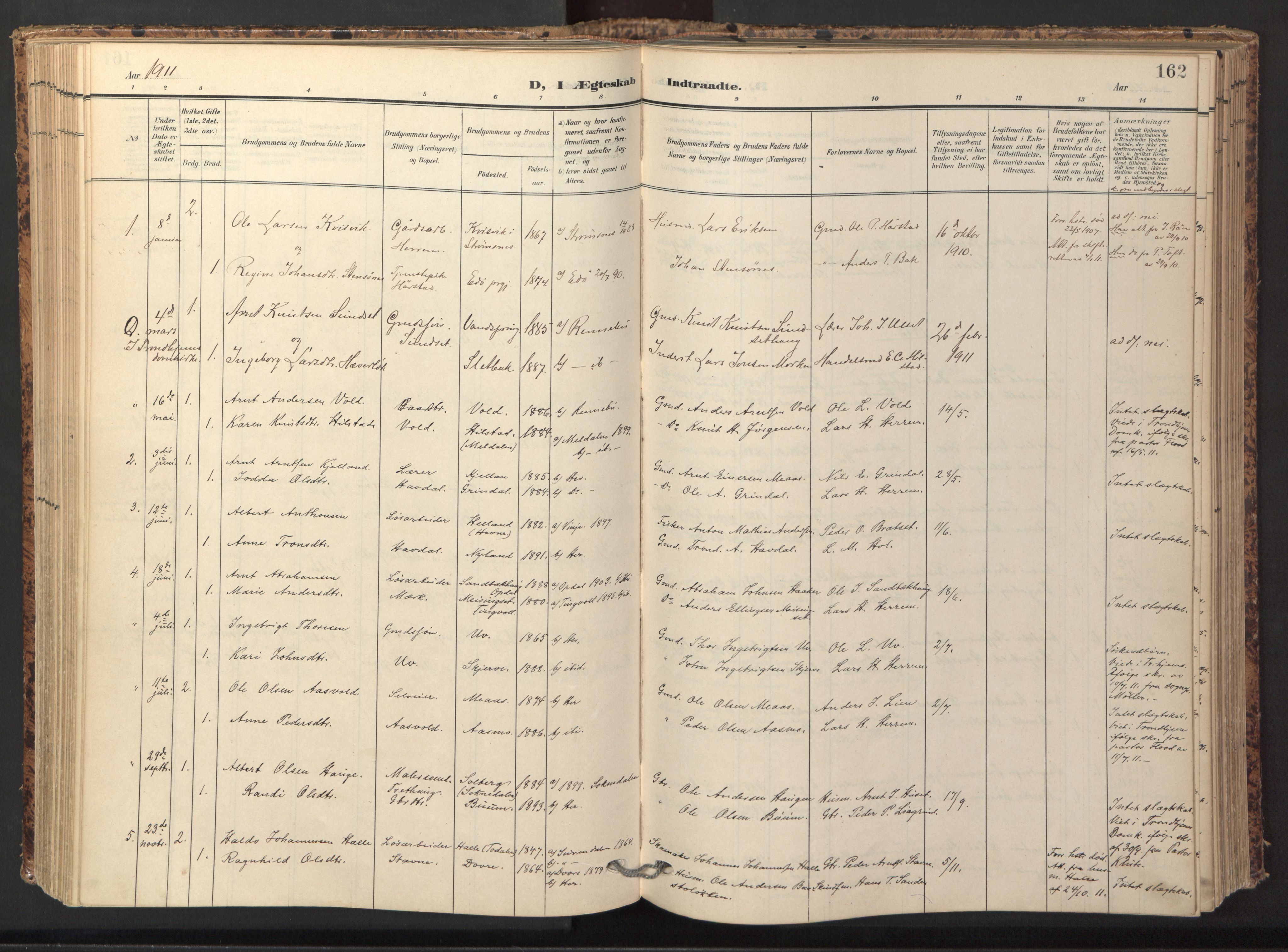 Ministerialprotokoller, klokkerbøker og fødselsregistre - Sør-Trøndelag, SAT/A-1456/674/L0873: Parish register (official) no. 674A05, 1908-1923, p. 162