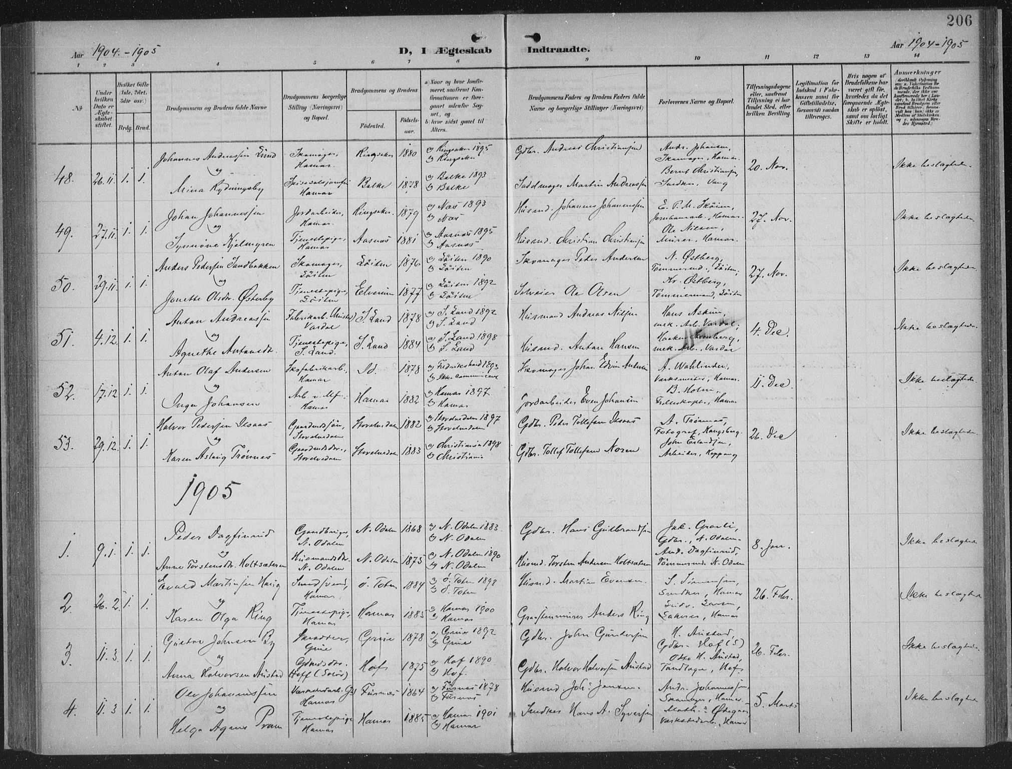 Hamar prestekontor, AV/SAH-DOMPH-002/H/Ha/Haa/L0001: Parish register (official) no. 1, 1900-1914, p. 206