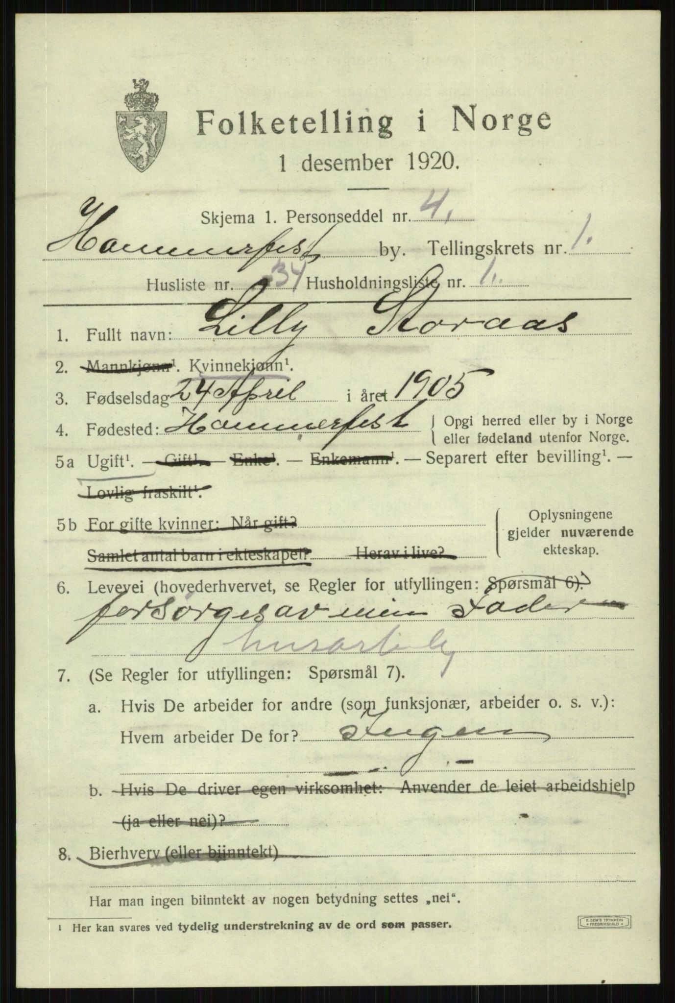 SATØ, 1920 census for Hammerfest, 1920, p. 3030