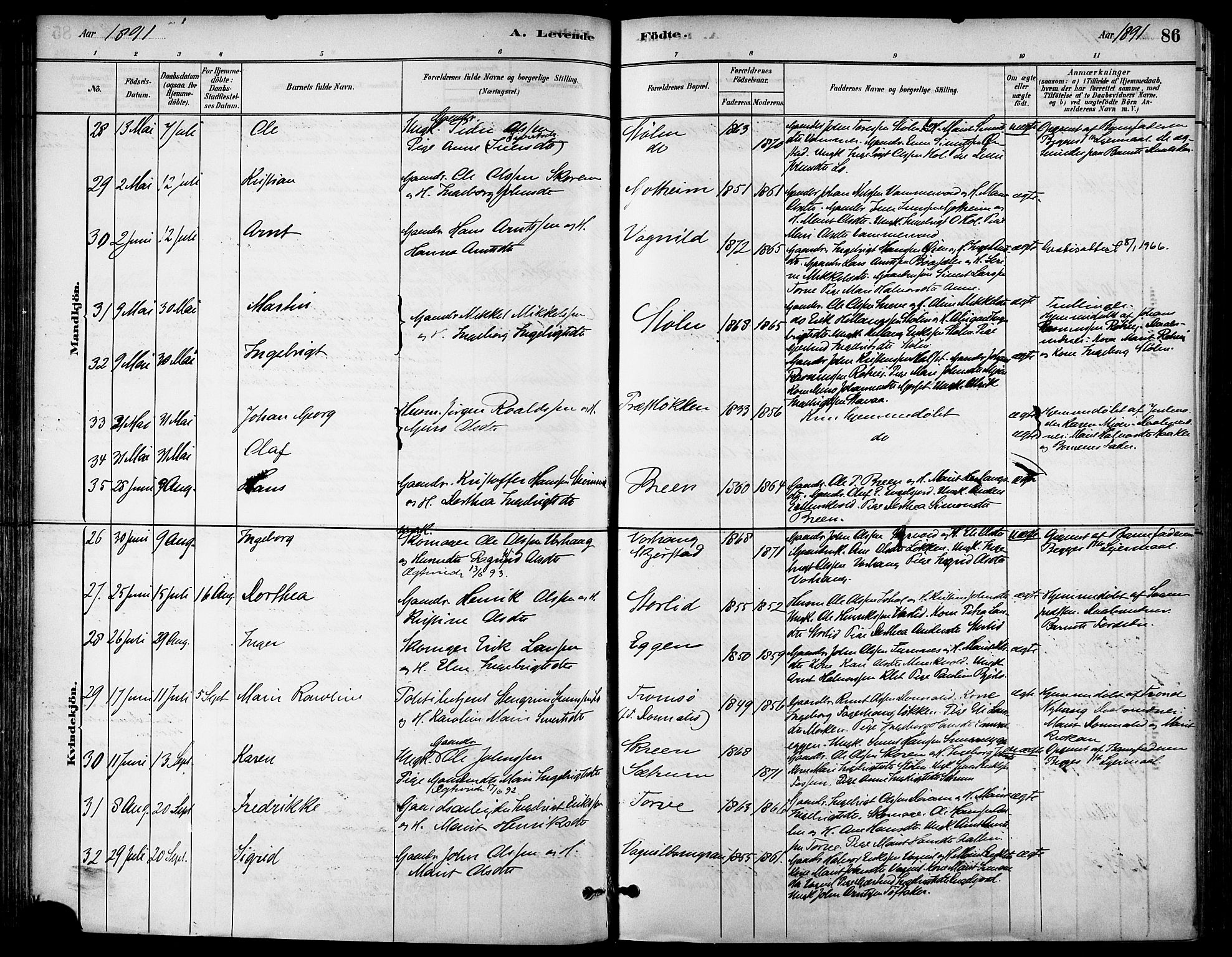 Ministerialprotokoller, klokkerbøker og fødselsregistre - Sør-Trøndelag, AV/SAT-A-1456/678/L0901: Parish register (official) no. 678A10, 1881-1894, p. 86