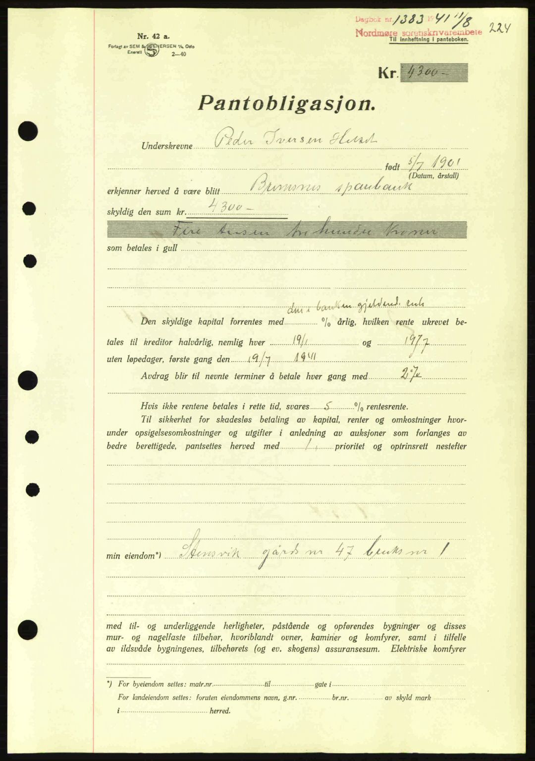 Nordmøre sorenskriveri, AV/SAT-A-4132/1/2/2Ca: Mortgage book no. B88, 1941-1942, Diary no: : 1383/1941