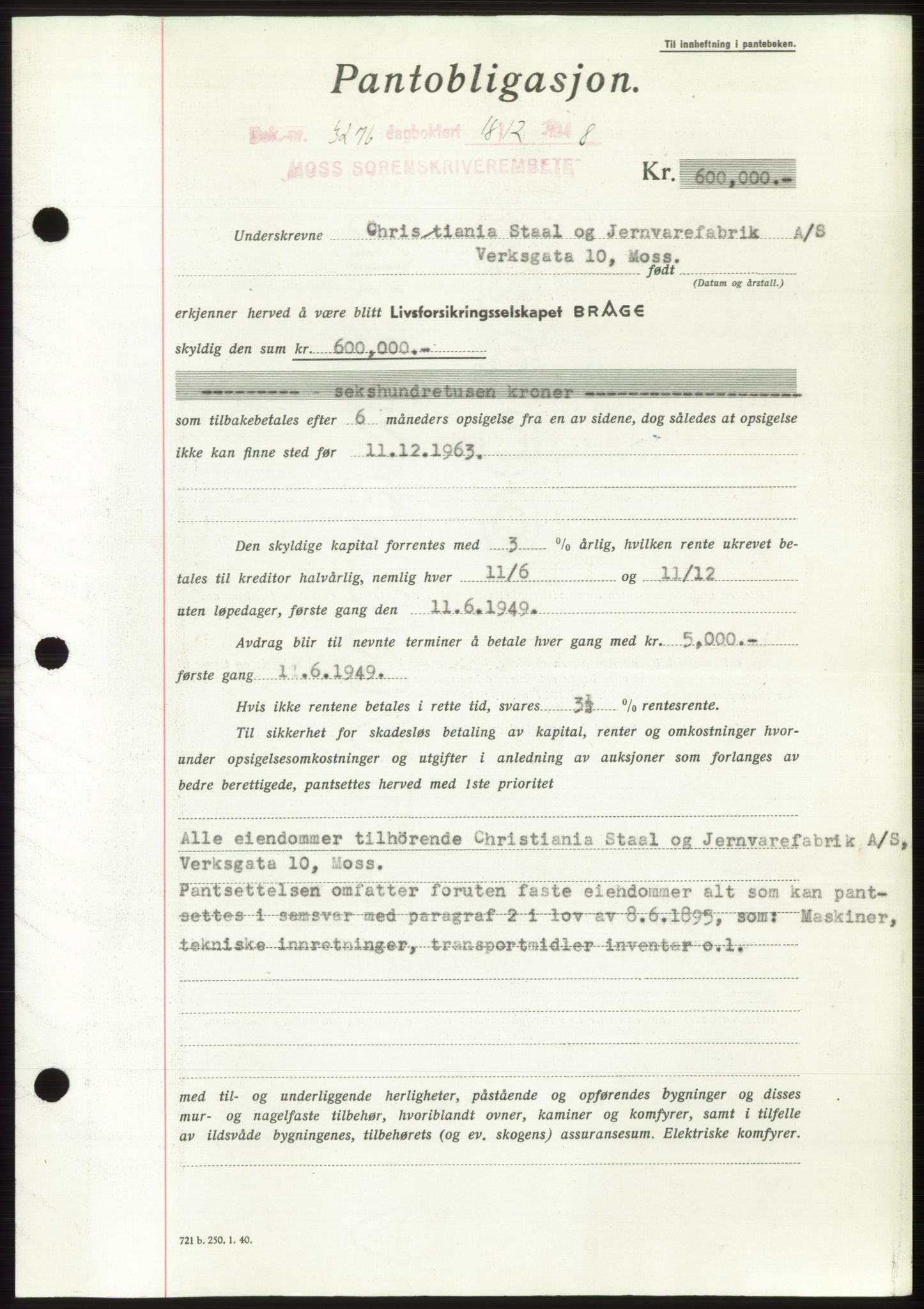 Moss sorenskriveri, AV/SAO-A-10168: Mortgage book no. B20, 1948-1948, Diary no: : 3276/1948