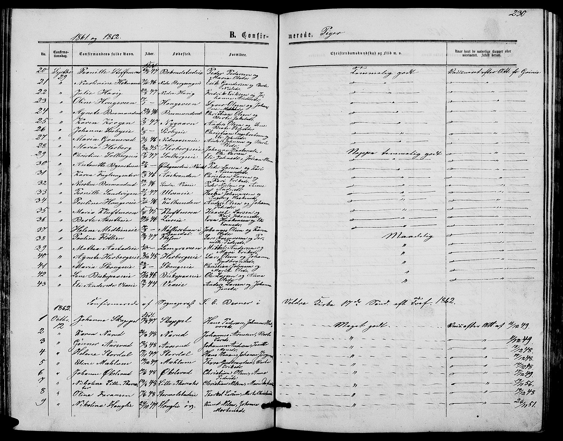 Ringsaker prestekontor, SAH/PREST-014/L/La/L0007: Parish register (copy) no. 7, 1861-1869, p. 230