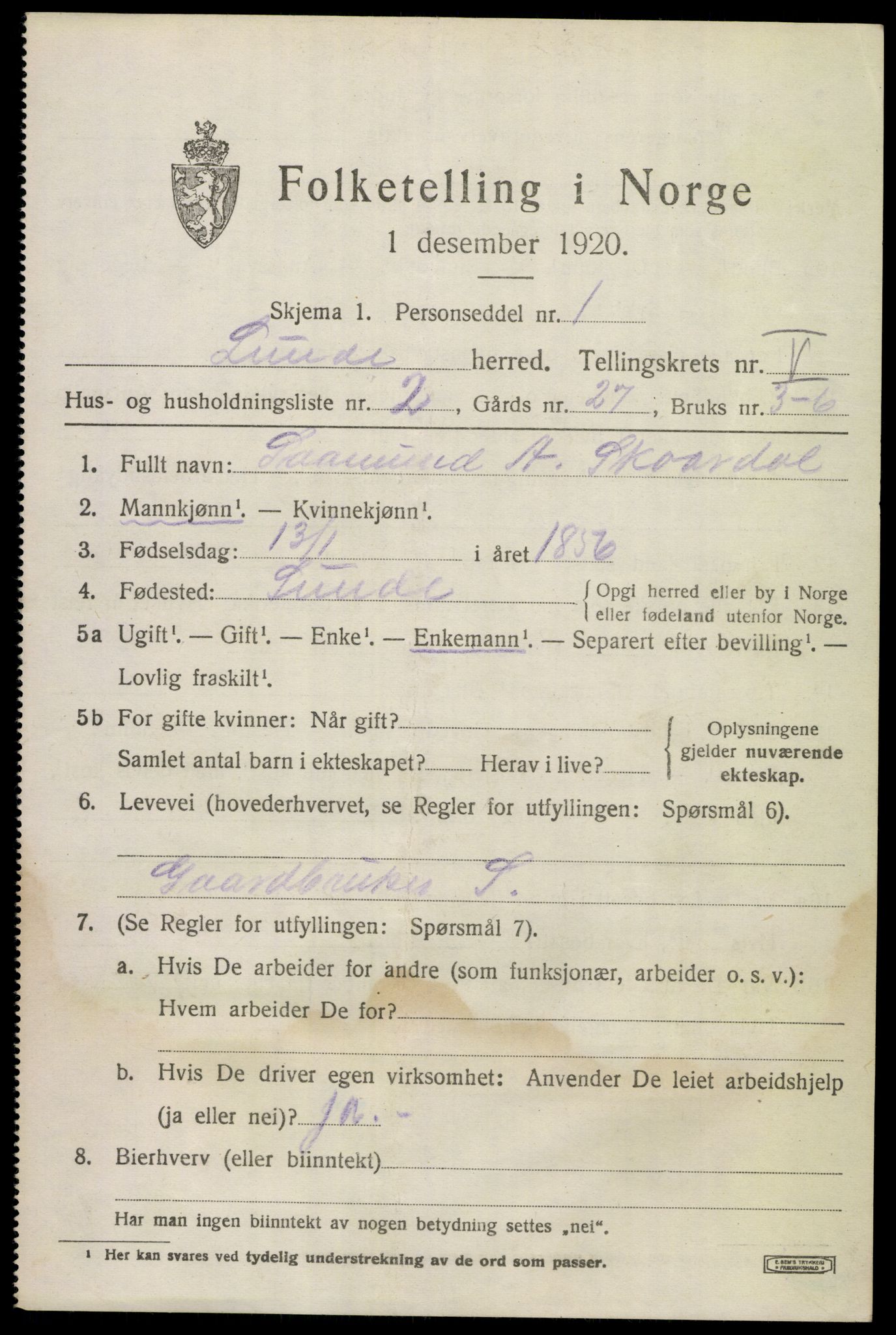 SAKO, 1920 census for Lunde, 1920, p. 3417
