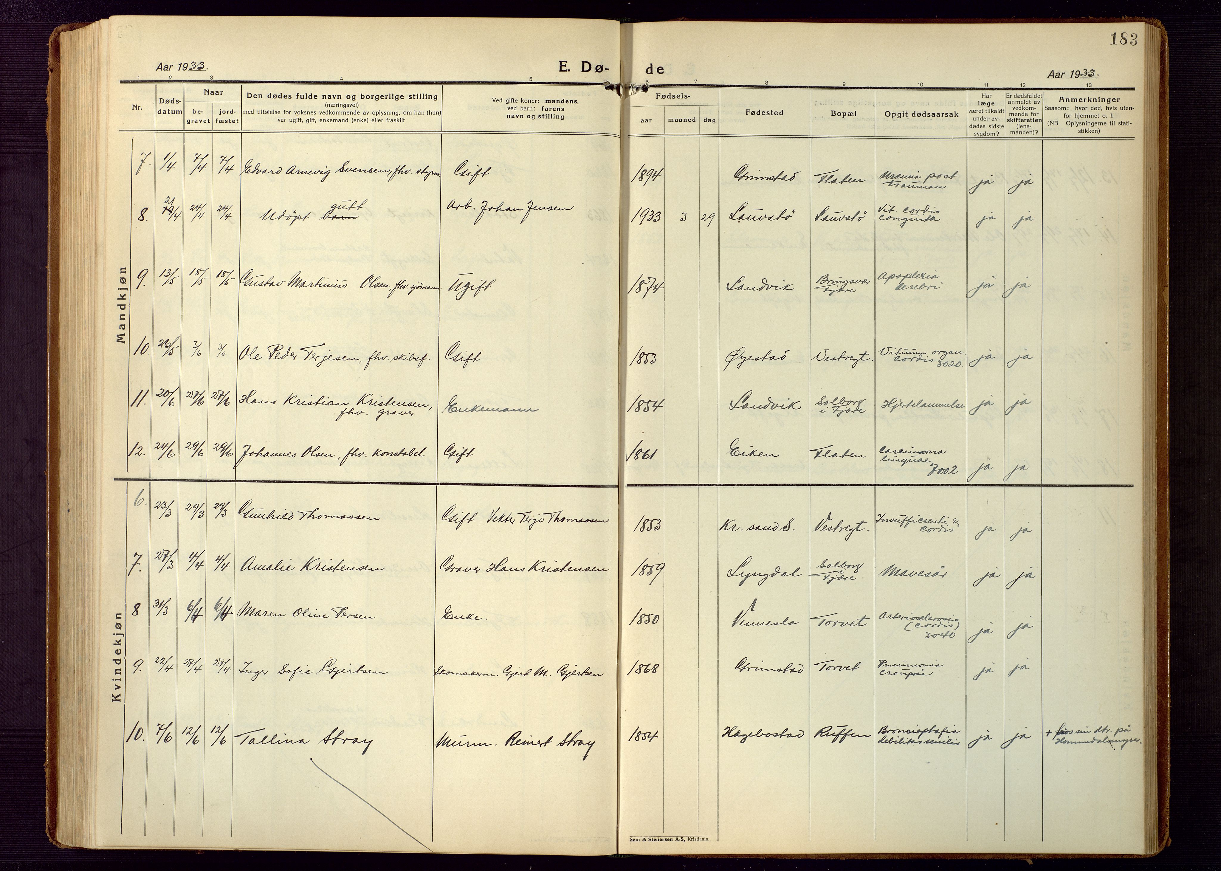 Grimstad sokneprestkontor, SAK/1111-0017/F/Fb/L0002: Parish register (copy) no. B 2, 1923-1949, p. 183