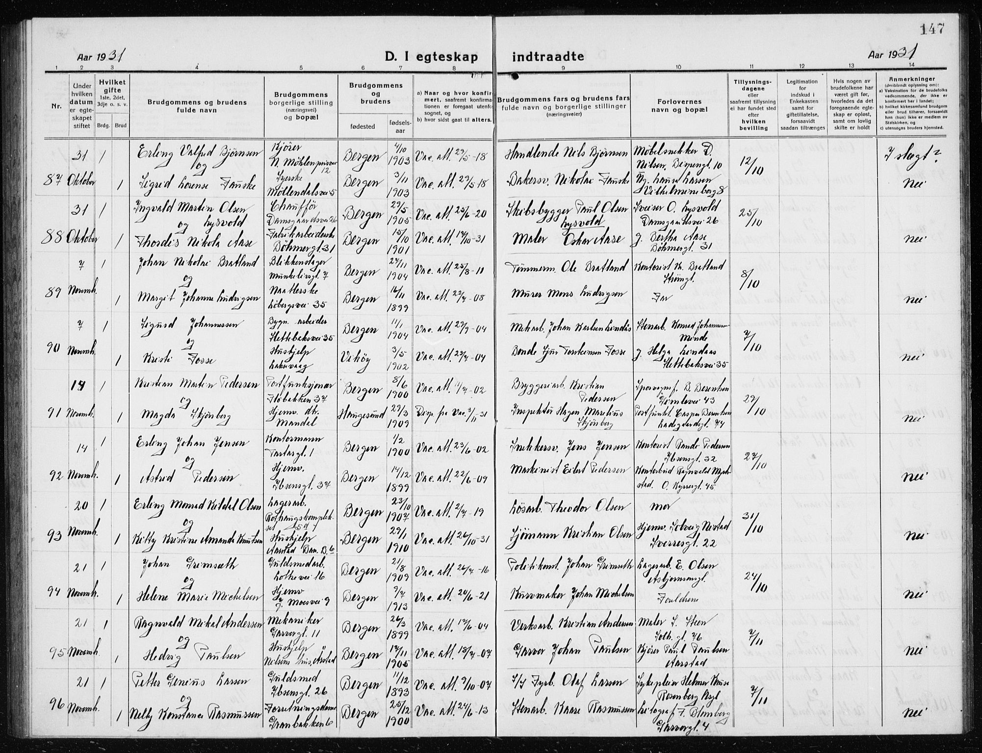 Årstad Sokneprestembete, AV/SAB-A-79301/H/Hab/L0020: Parish register (copy) no. C  2, 1920-1935, p. 147