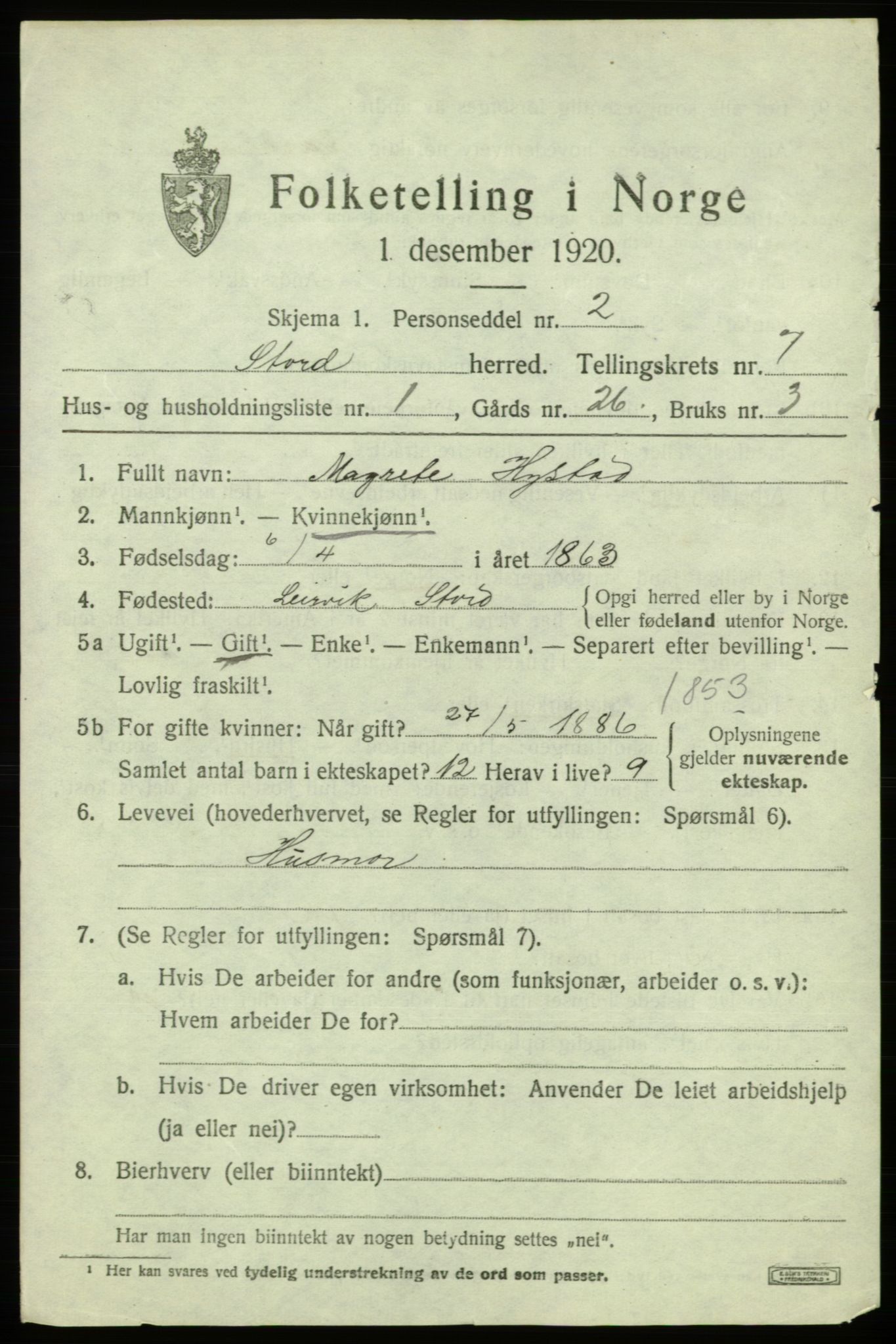 SAB, 1920 census for Stord, 1920, p. 3489