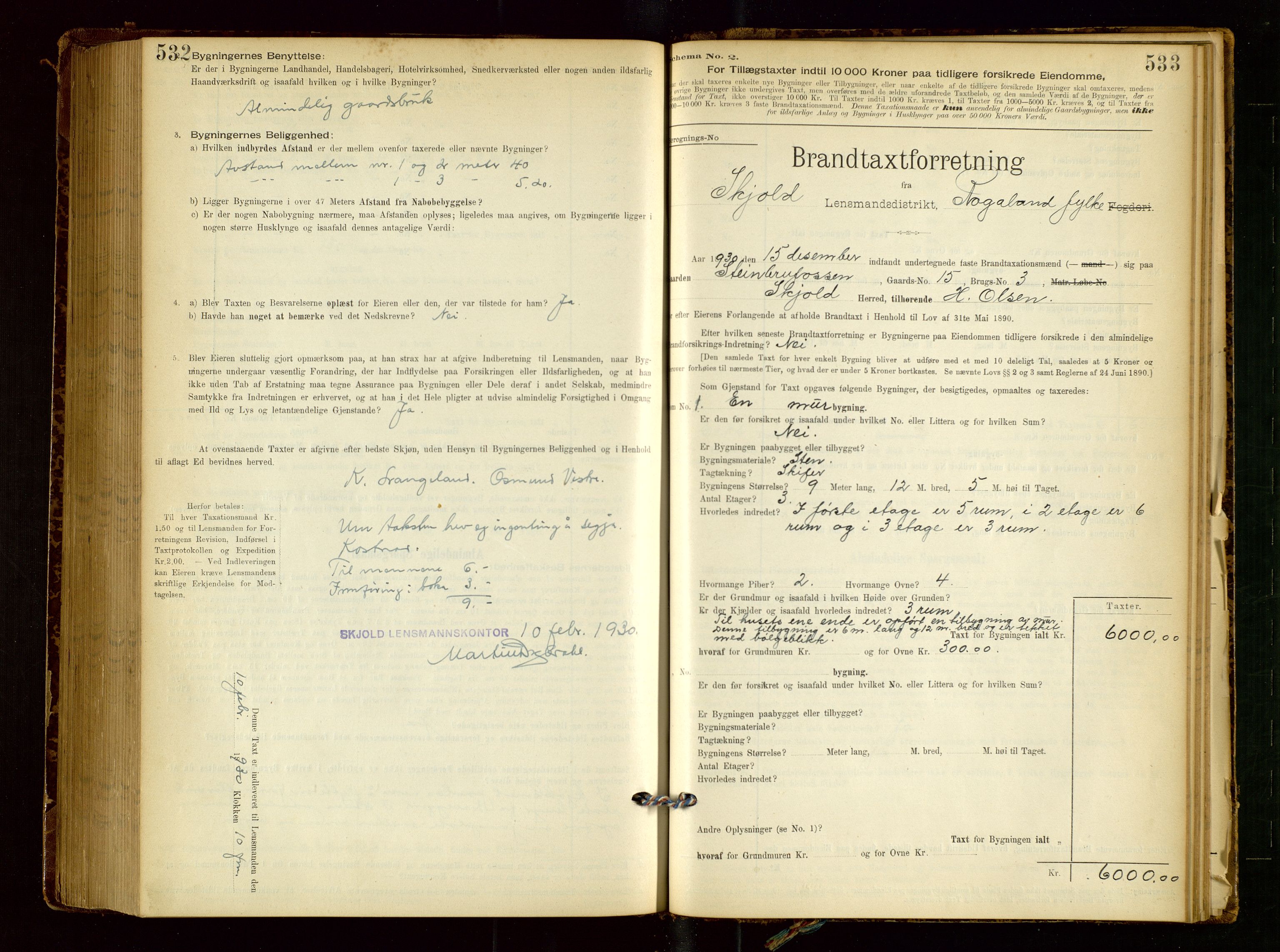 Skjold lensmannskontor, SAST/A-100182/Gob/L0001: "Brandtaxationsprotokol for Skjold Lensmandsdistrikt Ryfylke Fogderi", 1894-1939, p. 532-533