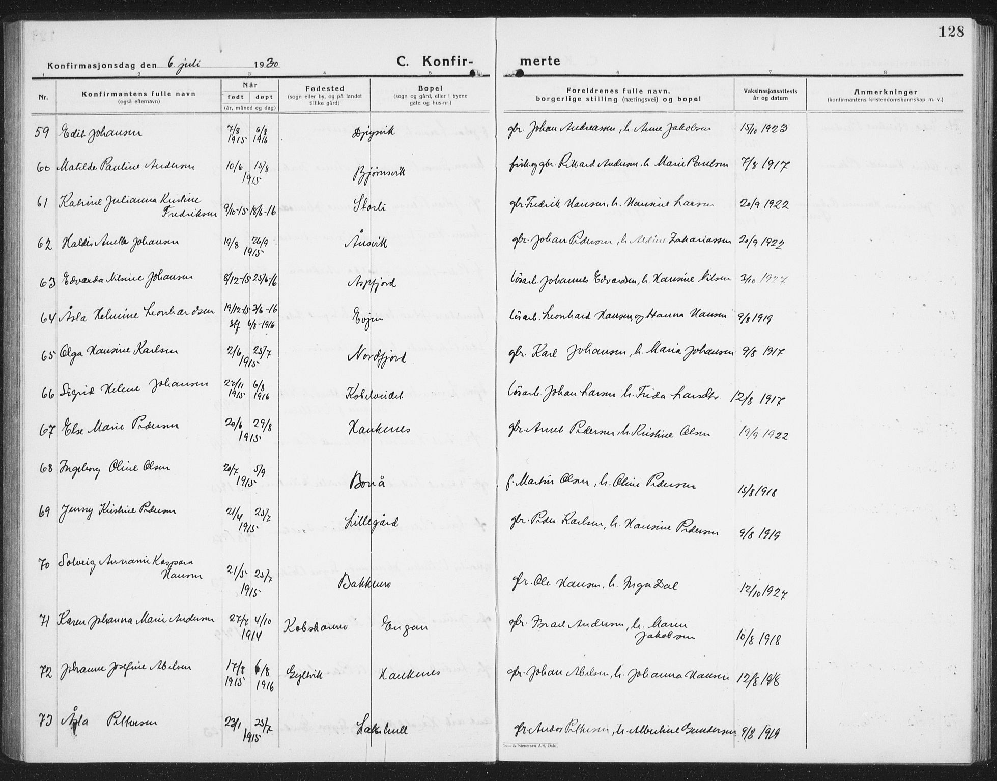 Ministerialprotokoller, klokkerbøker og fødselsregistre - Nordland, AV/SAT-A-1459/854/L0788: Parish register (copy) no. 854C04, 1926-1940, p. 128