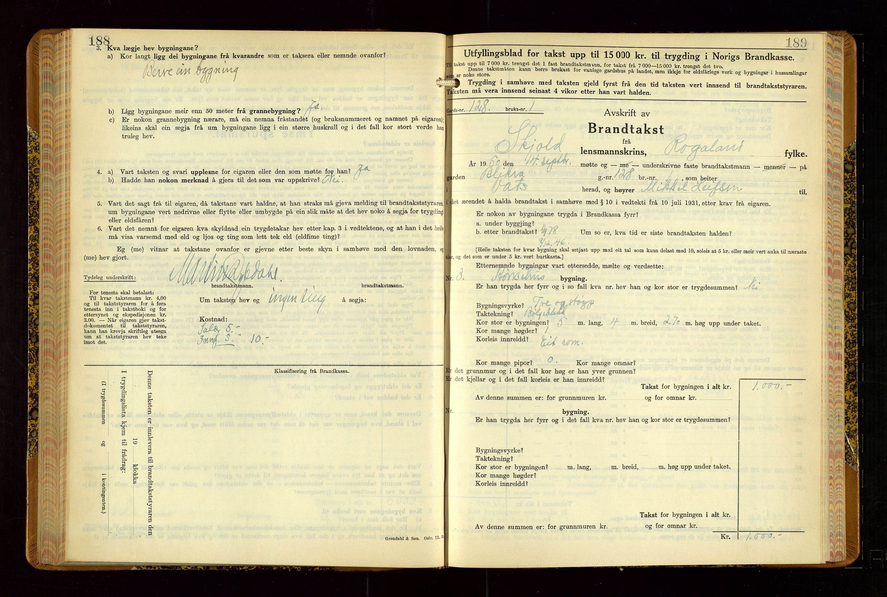 Skjold lensmannskontor, SAST/A-100182/Gob/L0002: "Branntakstbok for Skjold lensmannskrins Rogaland fylke", 1939-1952, p. 188-189