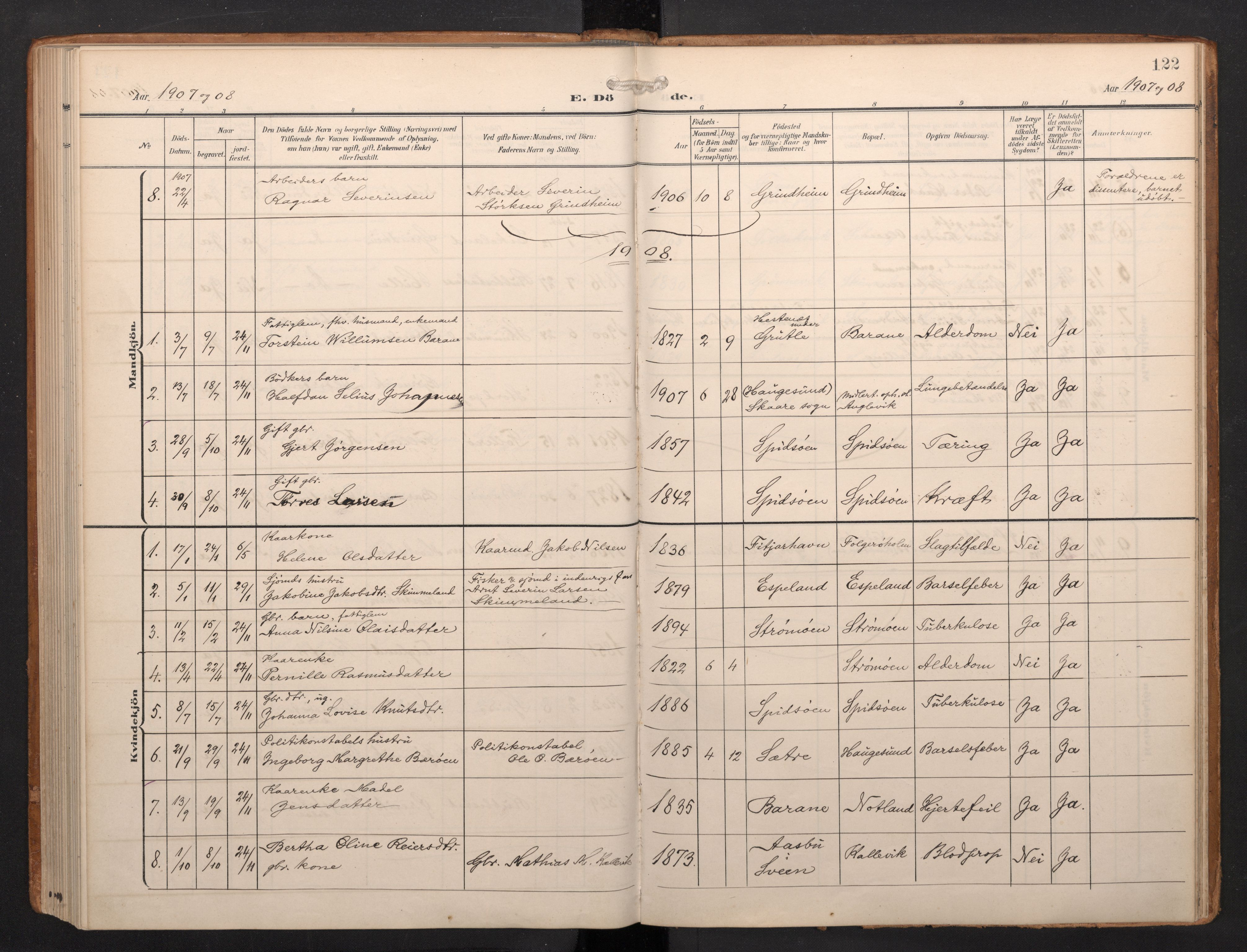 Finnås sokneprestembete, AV/SAB-A-99925/H/Ha/Haa/Haab/L0003: Parish register (official) no. B 3, 1907-1923, p. 122