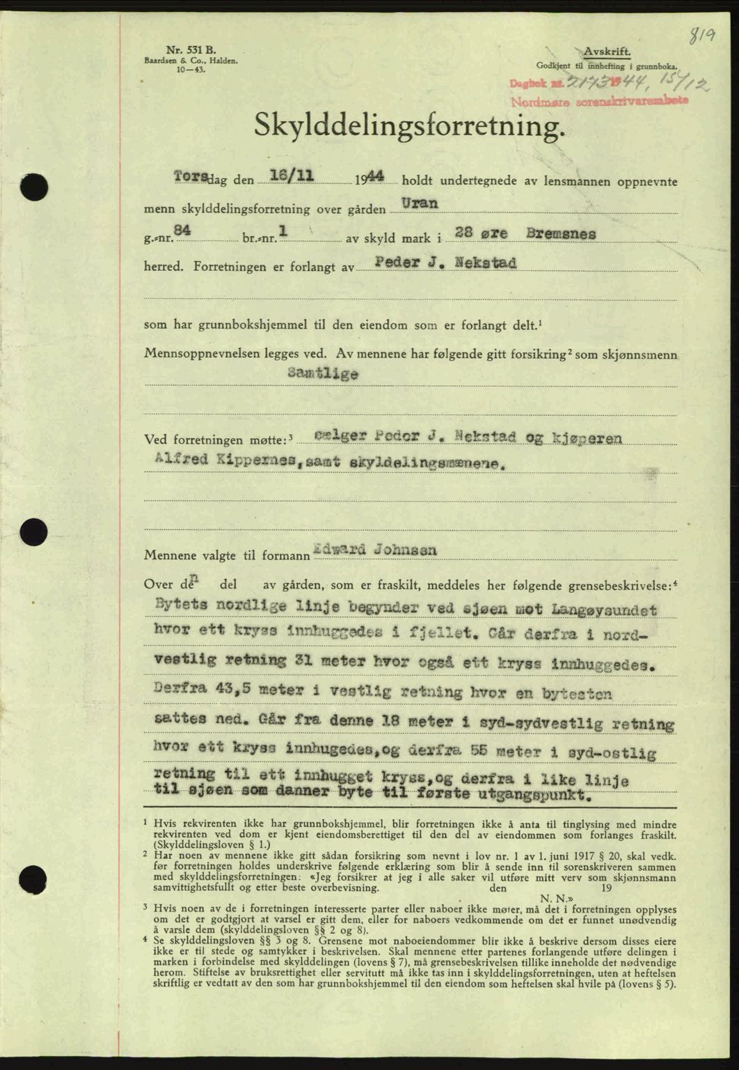 Nordmøre sorenskriveri, AV/SAT-A-4132/1/2/2Ca: Mortgage book no. A98, 1944-1944, Diary no: : 2173/1944