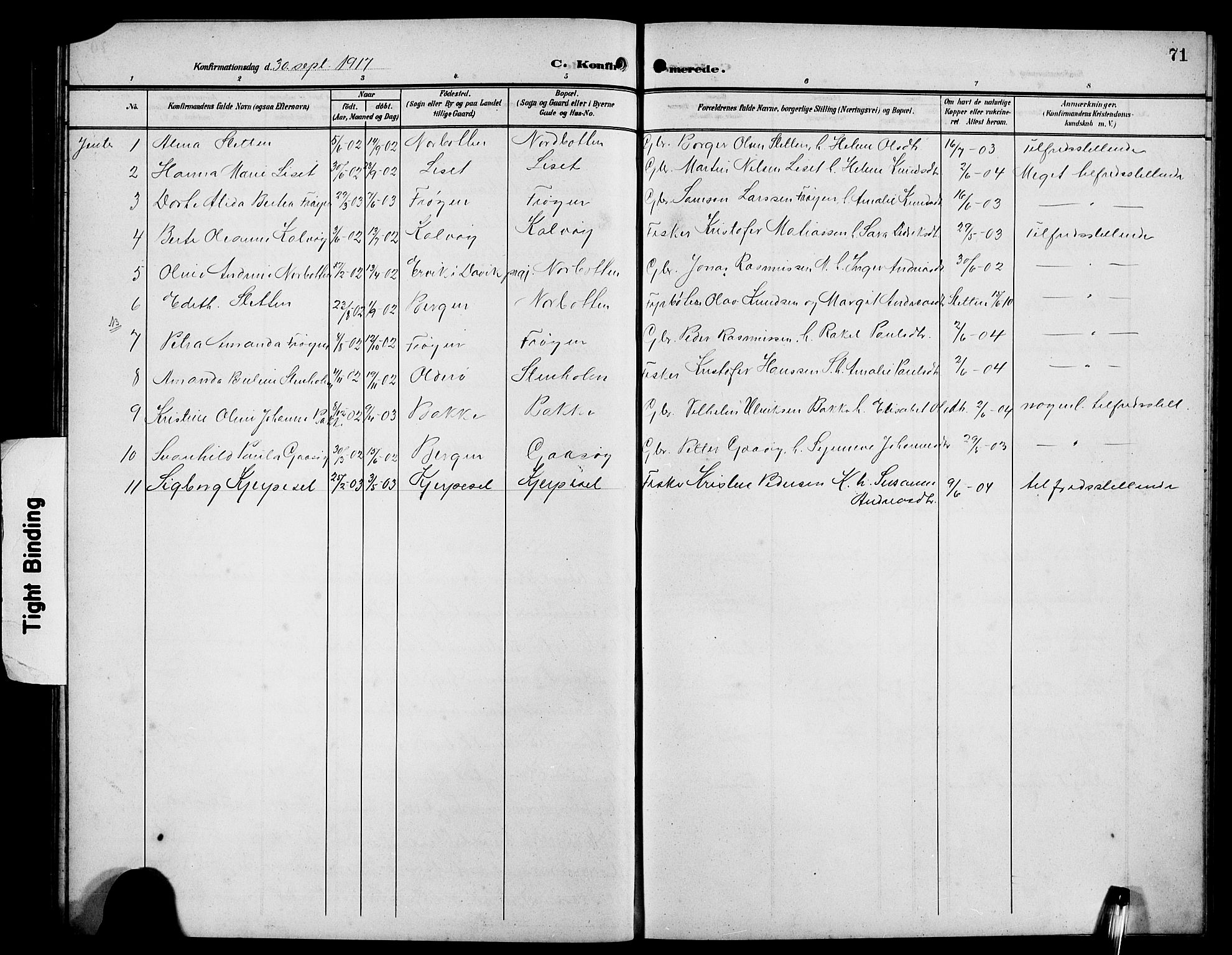 Bremanger sokneprestembete, SAB/A-82201/H/Hab/Habb/L0001: Parish register (copy) no. B 1, 1906-1925, p. 71