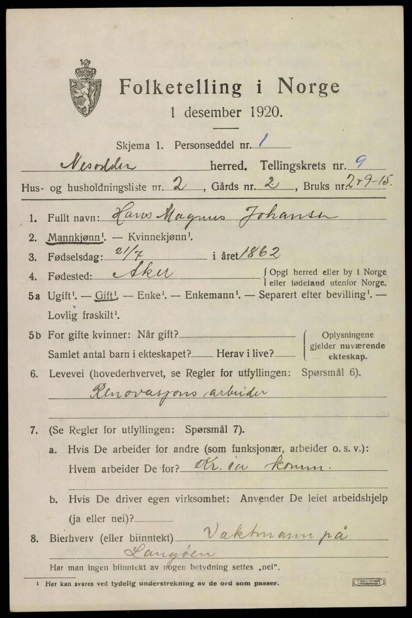 SAO, 1920 census for Nesodden, 1920, p. 6701