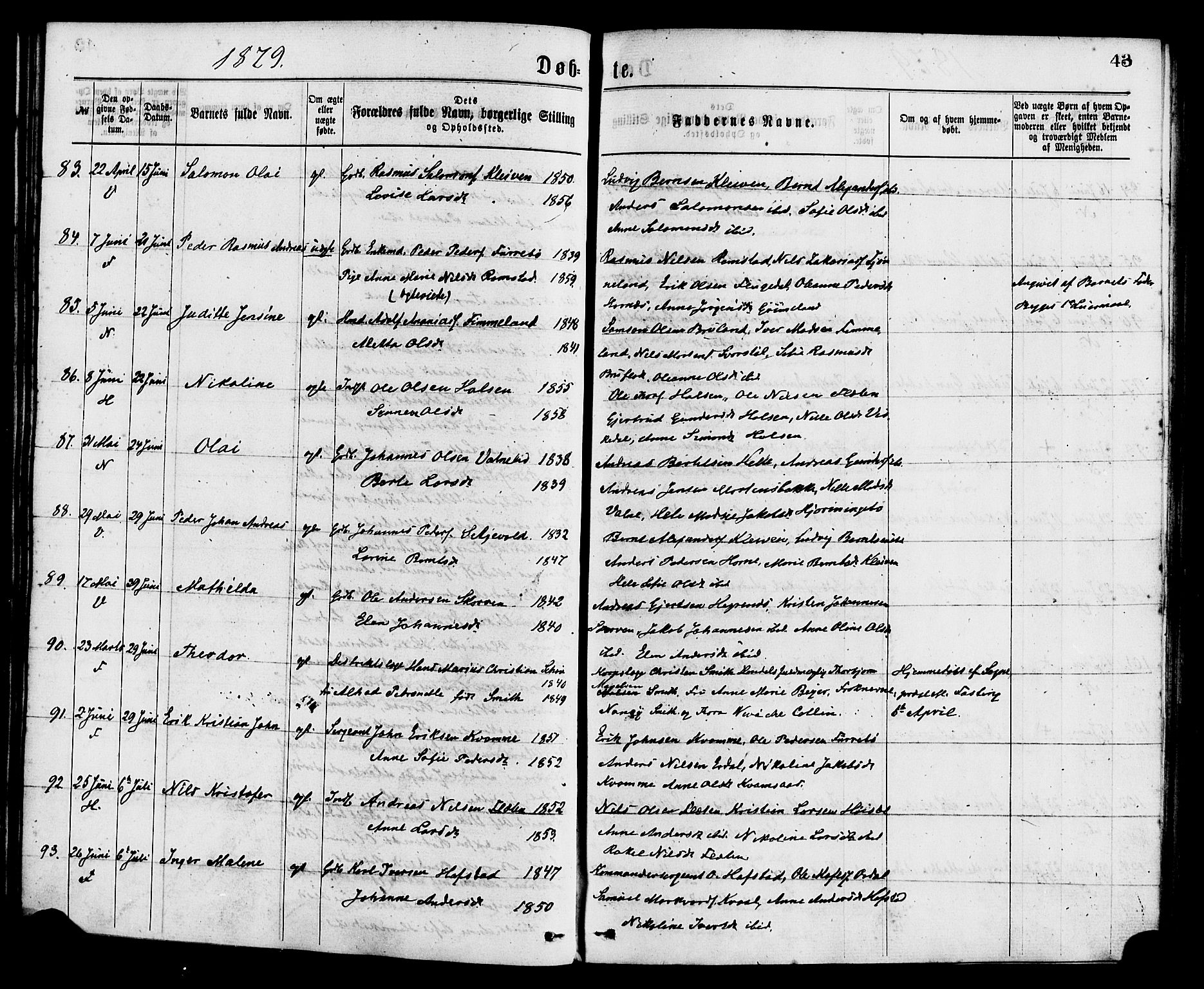 Førde sokneprestembete, SAB/A-79901/H/Haa/Haaa/L0011: Parish register (official) no. A 11, 1877-1880, p. 43