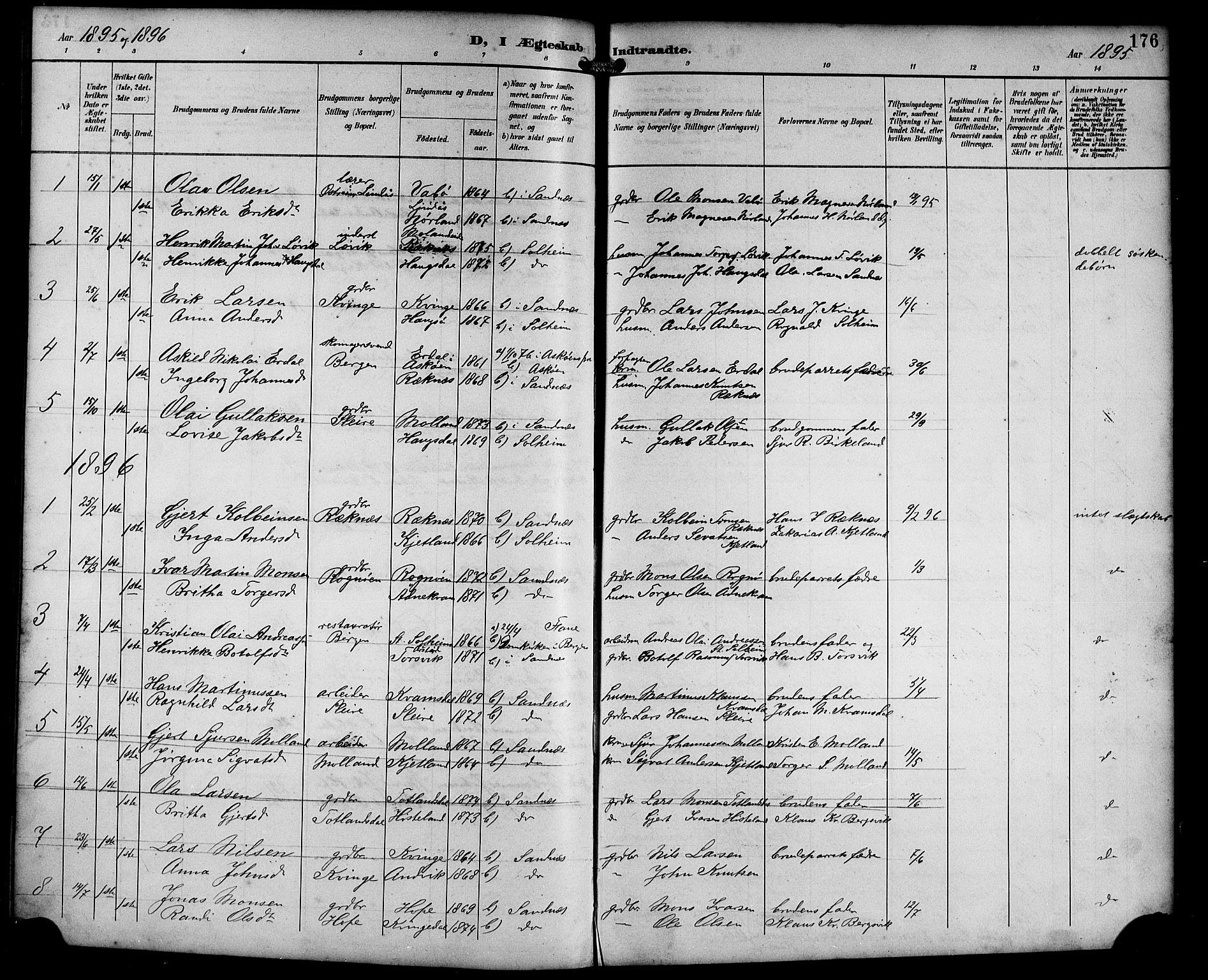 Masfjorden Sokneprestembete, SAB/A-77001: Parish register (copy) no. B 1, 1892-1913, p. 176