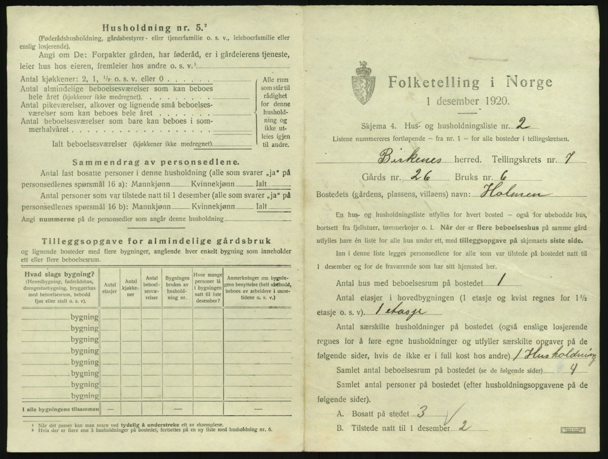 SAK, 1920 census for Birkenes, 1920, p. 629